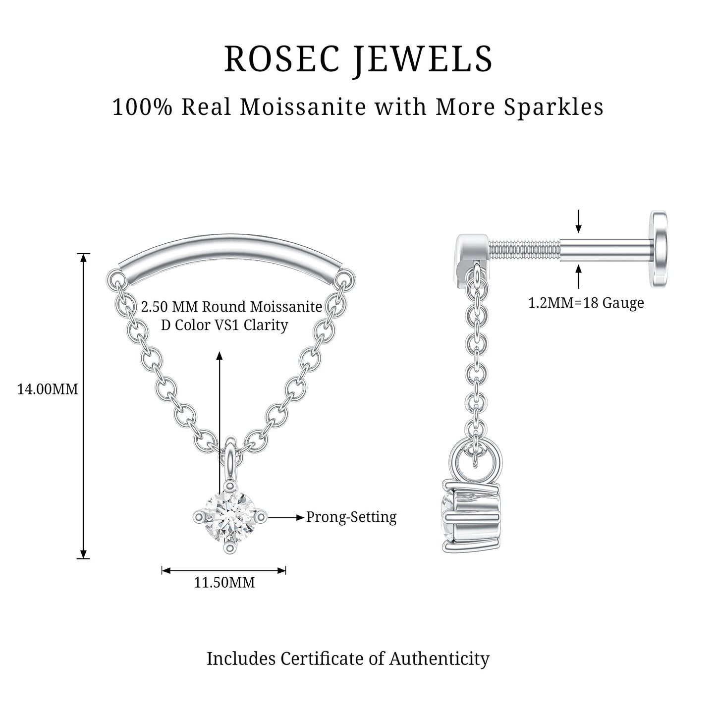 Curved Bar and Moissanite Chain Earring for Helix Piercing