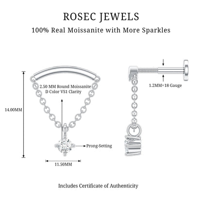 Curved Bar and Moissanite Chain Earring for Helix Piercing