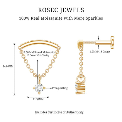 Curved Bar and Moissanite Chain Earring for Helix Piercing
