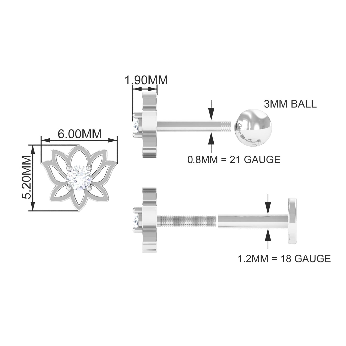 Nature Inspired Diamond Lotus Earring for Helix Piercing