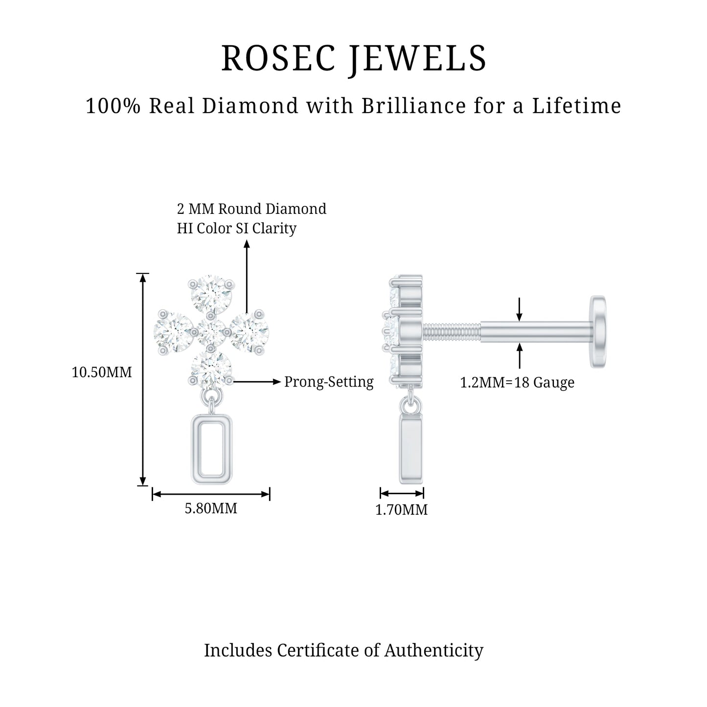 Simple Diamond Drop Earring for Helix Piercing
