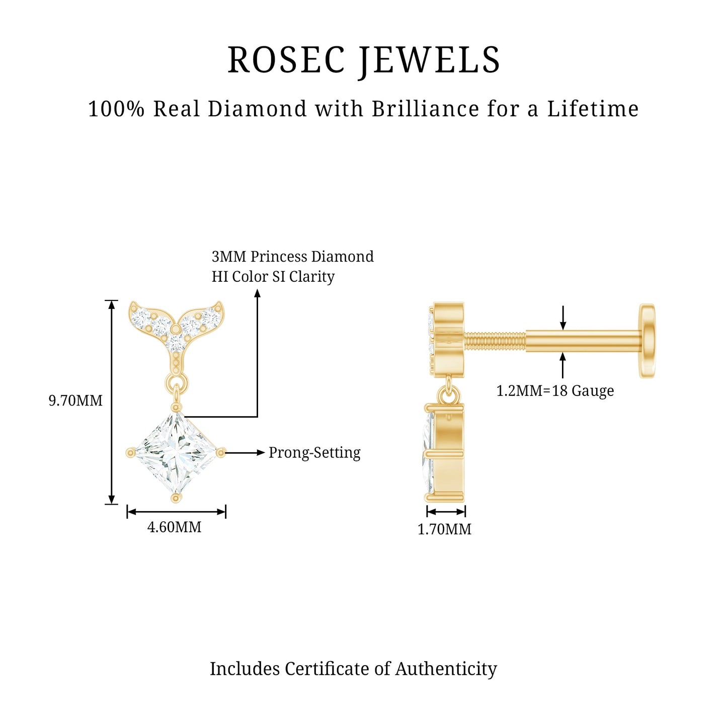 Fish Tail Diamond Drop Earring for Helix Piercing