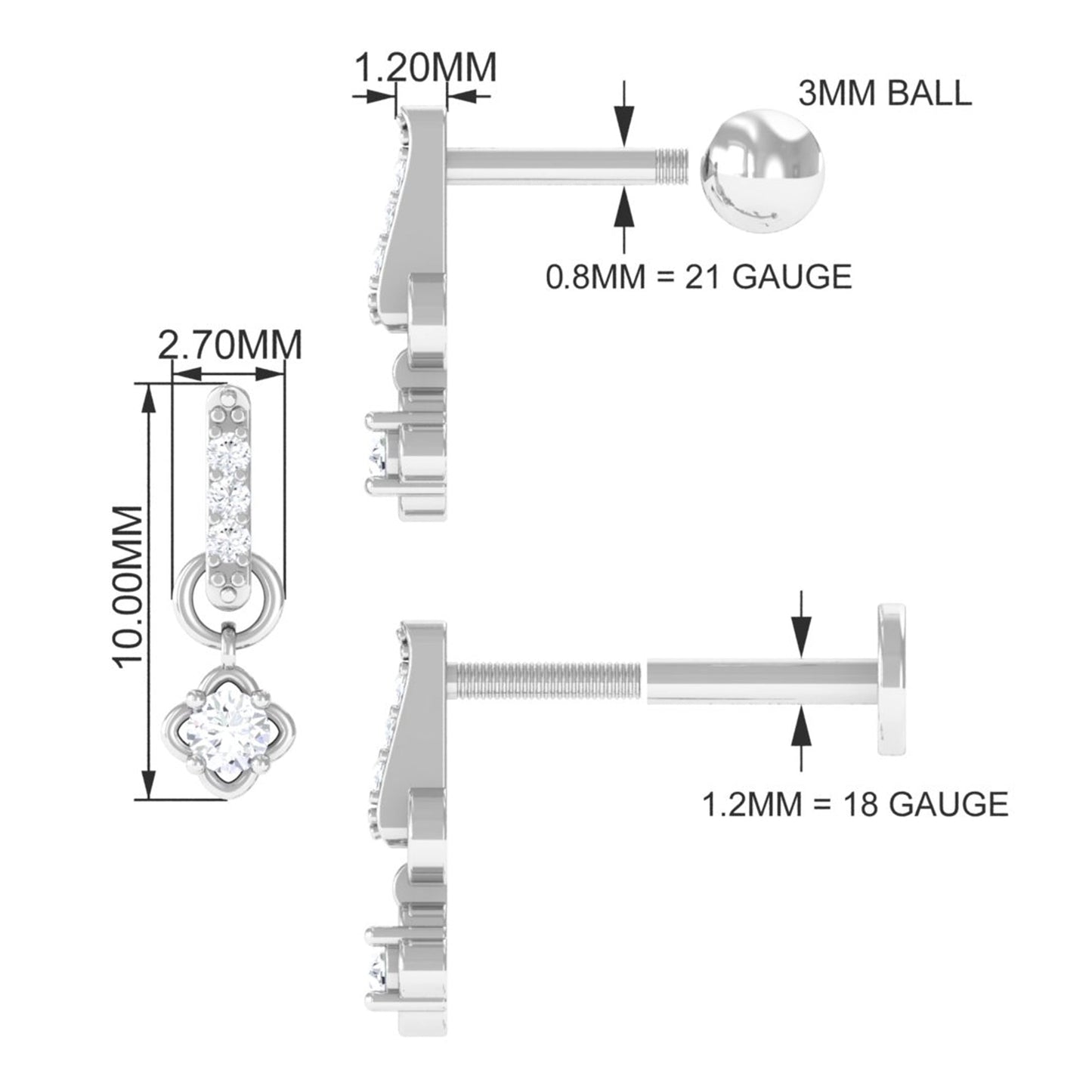 Minimalist Diamond Drop Earring for Cartilage Piercing