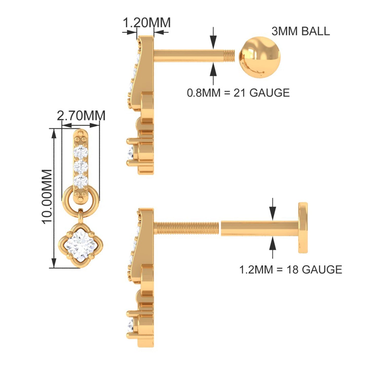 Minimalist Diamond Drop Earring for Cartilage Piercing