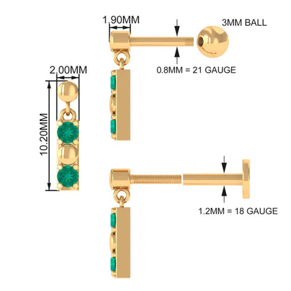 Simple Emerald Bar Drop Earring for Cartilage Piercing