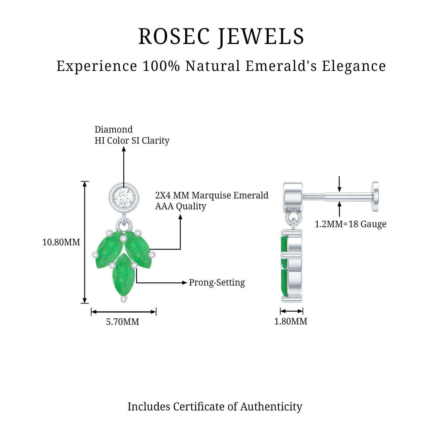 Marquise Emerald Leaf Earring for Helix Piercing
