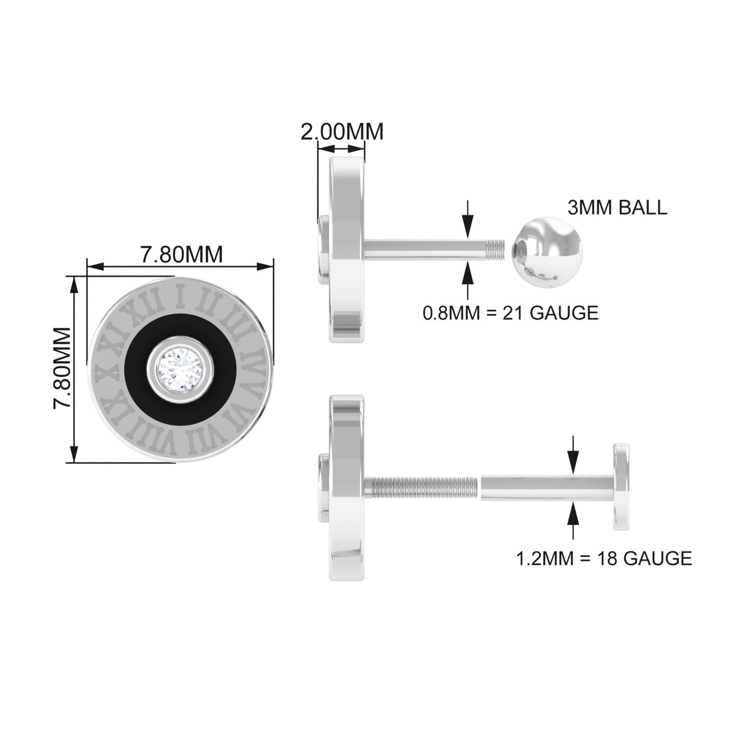Diamond Clock Earring for Cartilage Piercing
