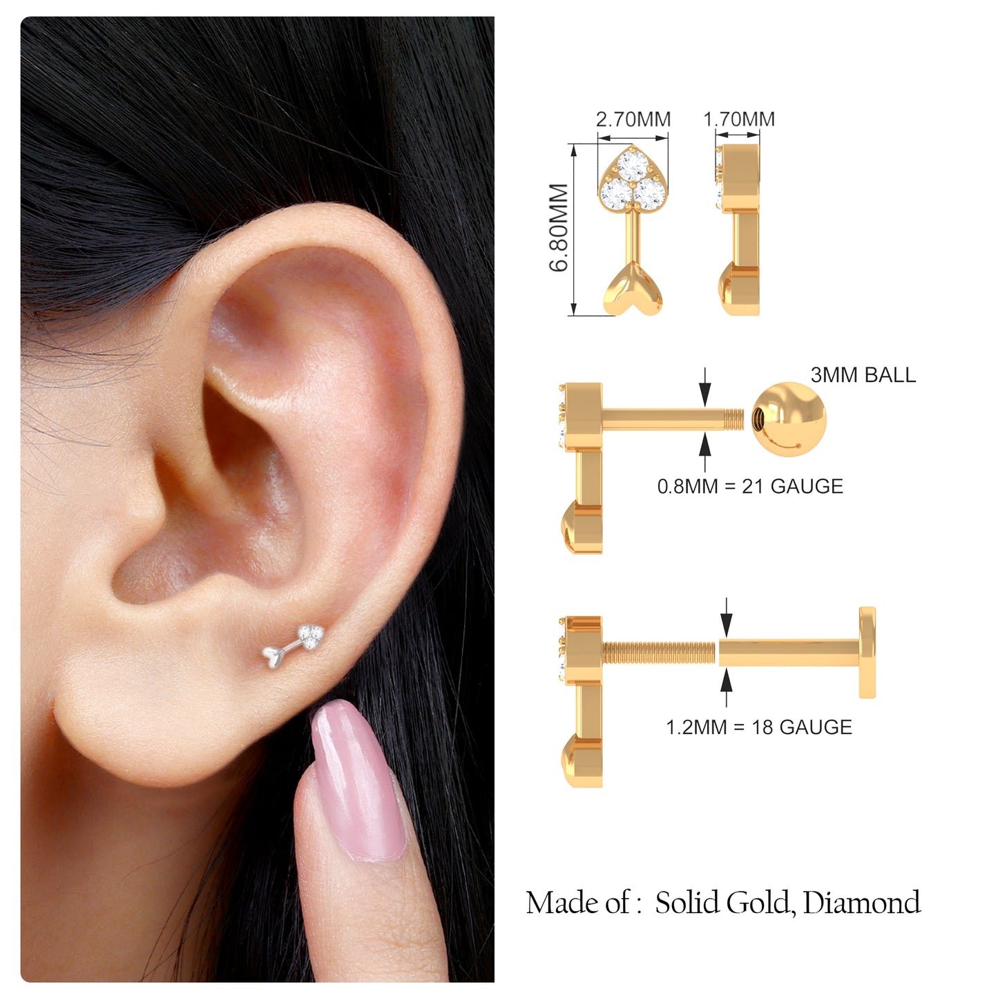 Genuine Diamond Heart Arrow Earring for Helix Piercing