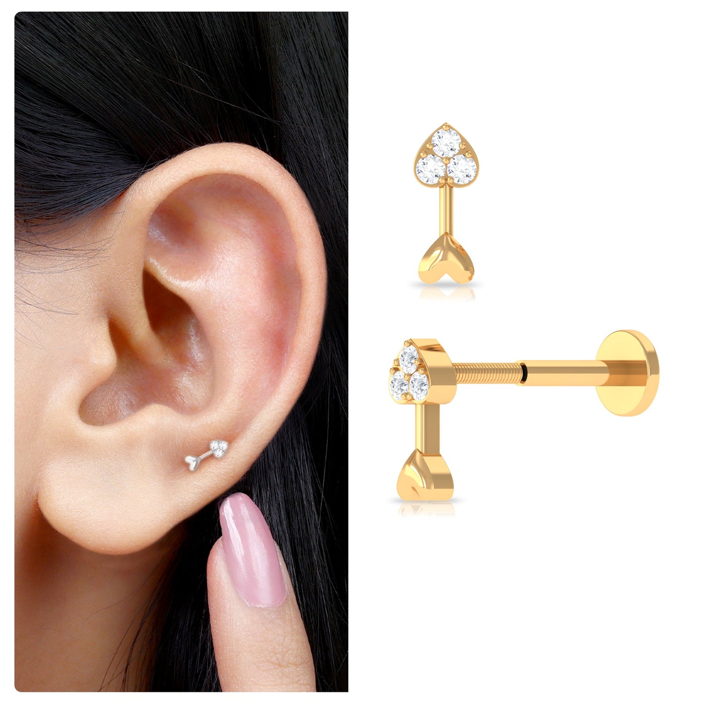 Genuine Diamond Heart Arrow Earring for Helix Piercing