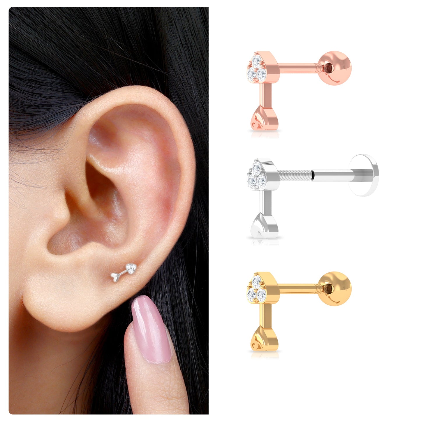 Genuine Diamond Heart Arrow Earring for Helix Piercing