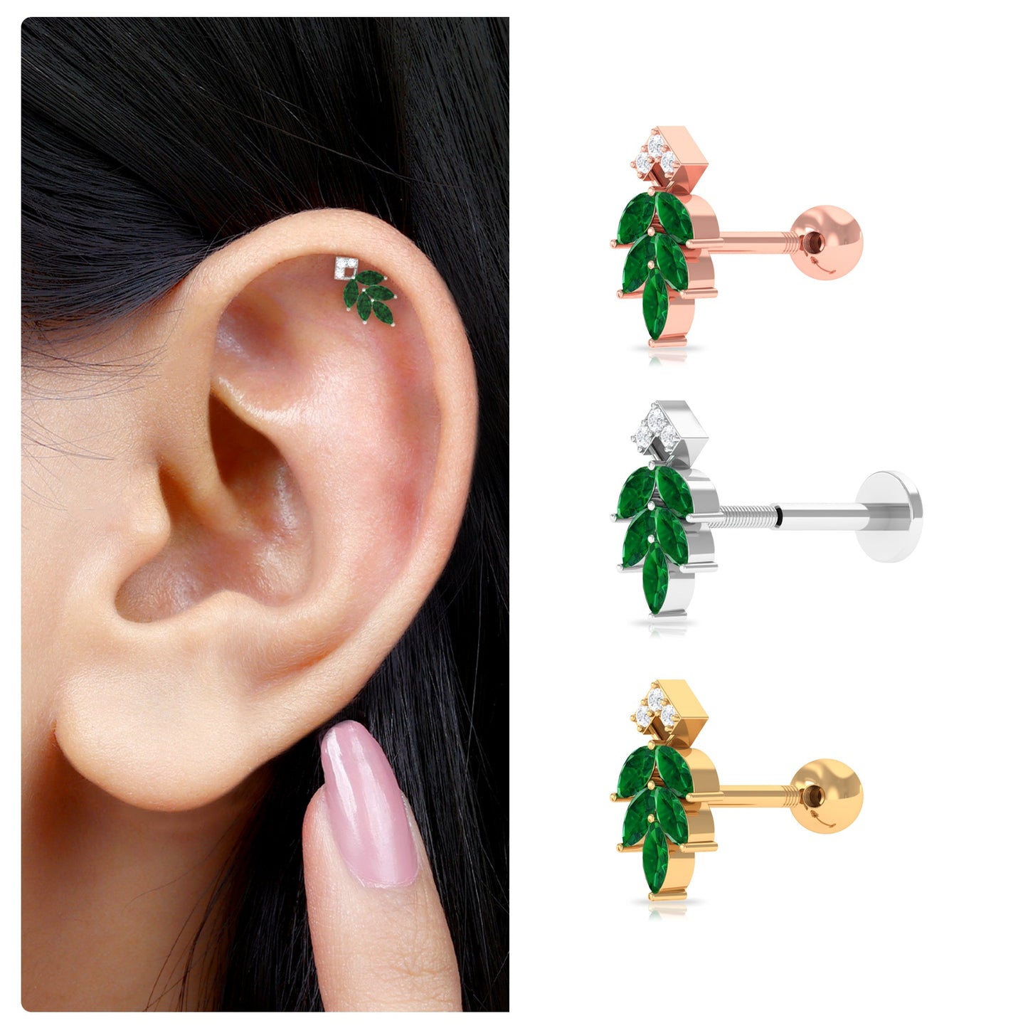 Real Emerald and Diamond Leaf Cartilage Earring