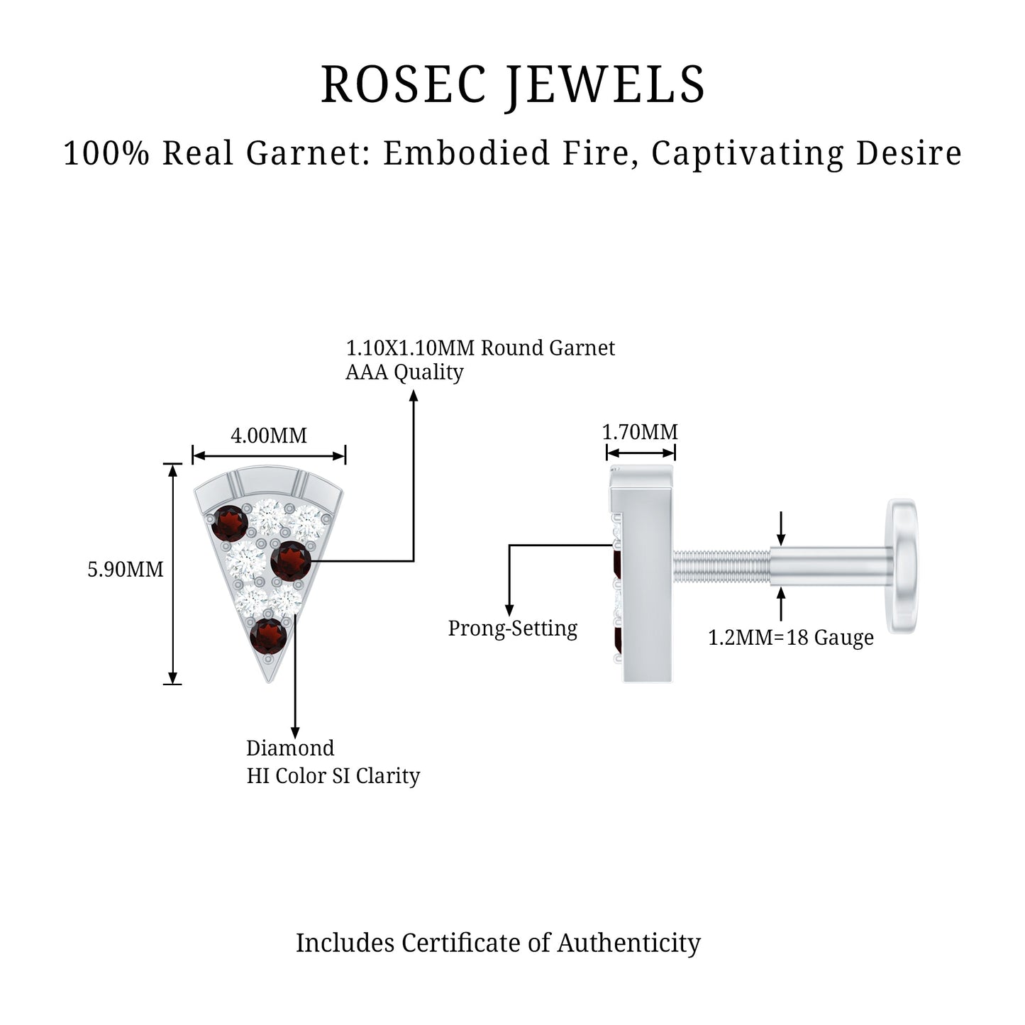 Round Cut Garnet and Diamond Pizza Slice Helix Earring