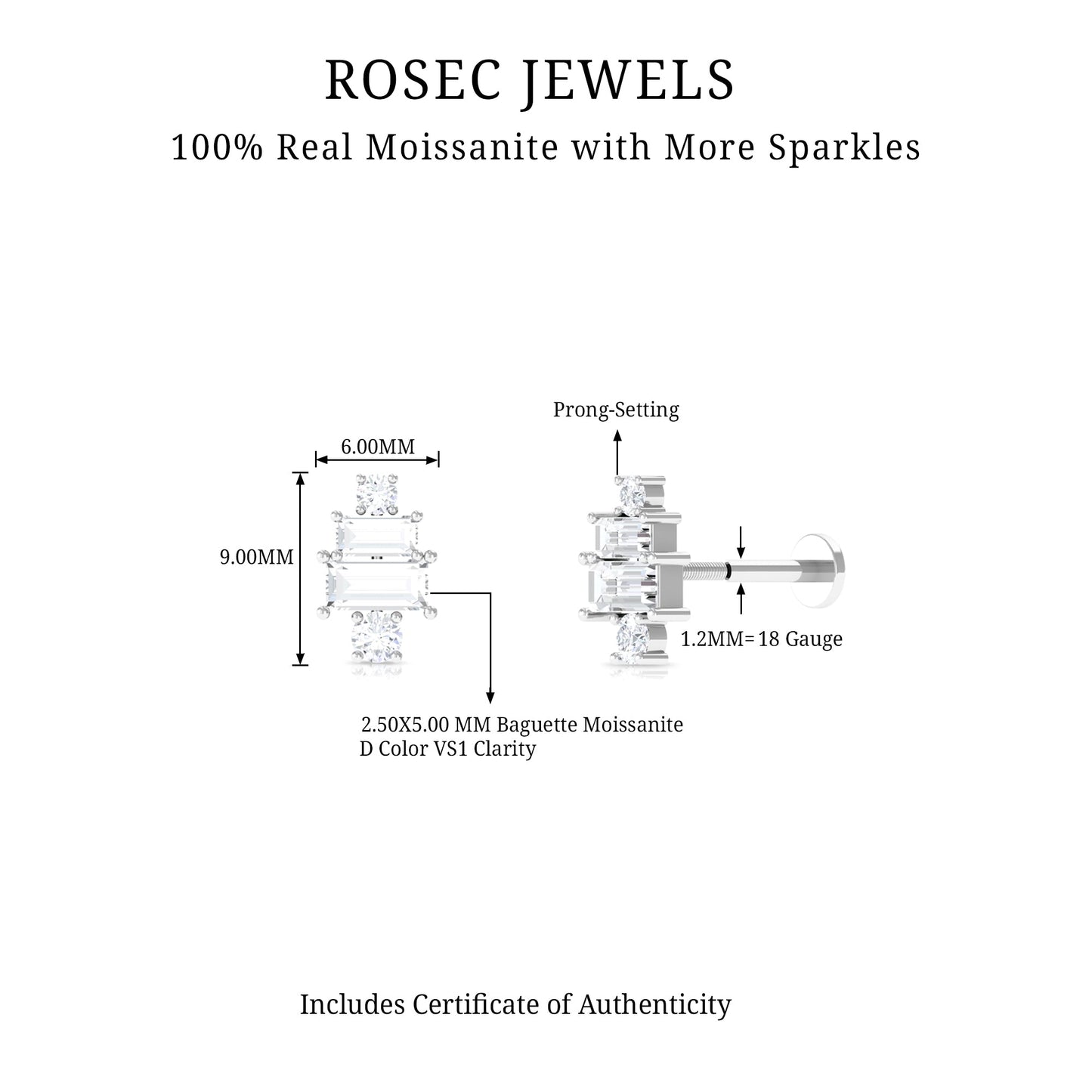 Baguette and Round Moissanite Designer Earring for Helix Piercing