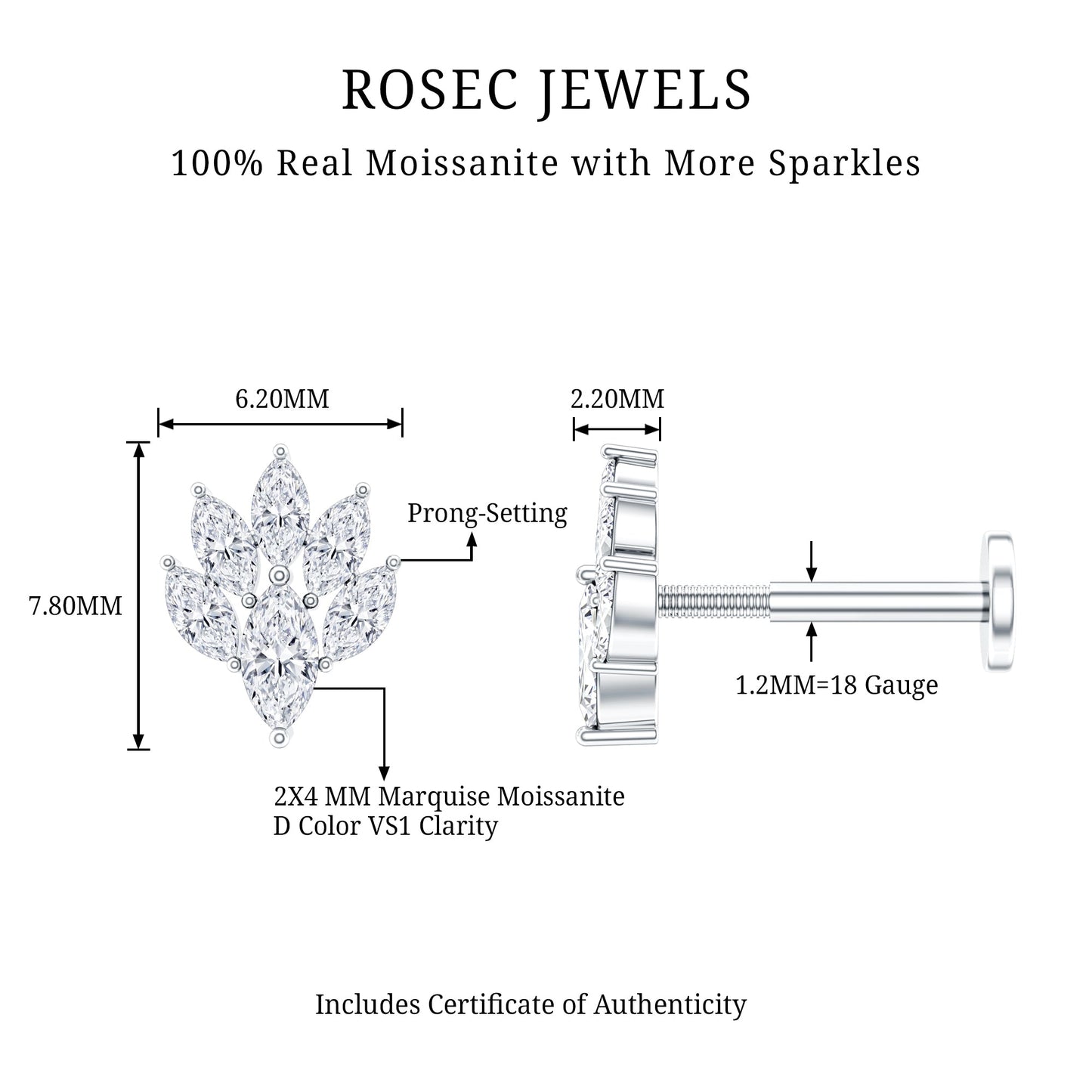Marquise Moissanite Cluster Leaf Earring for Cartilage Piercing