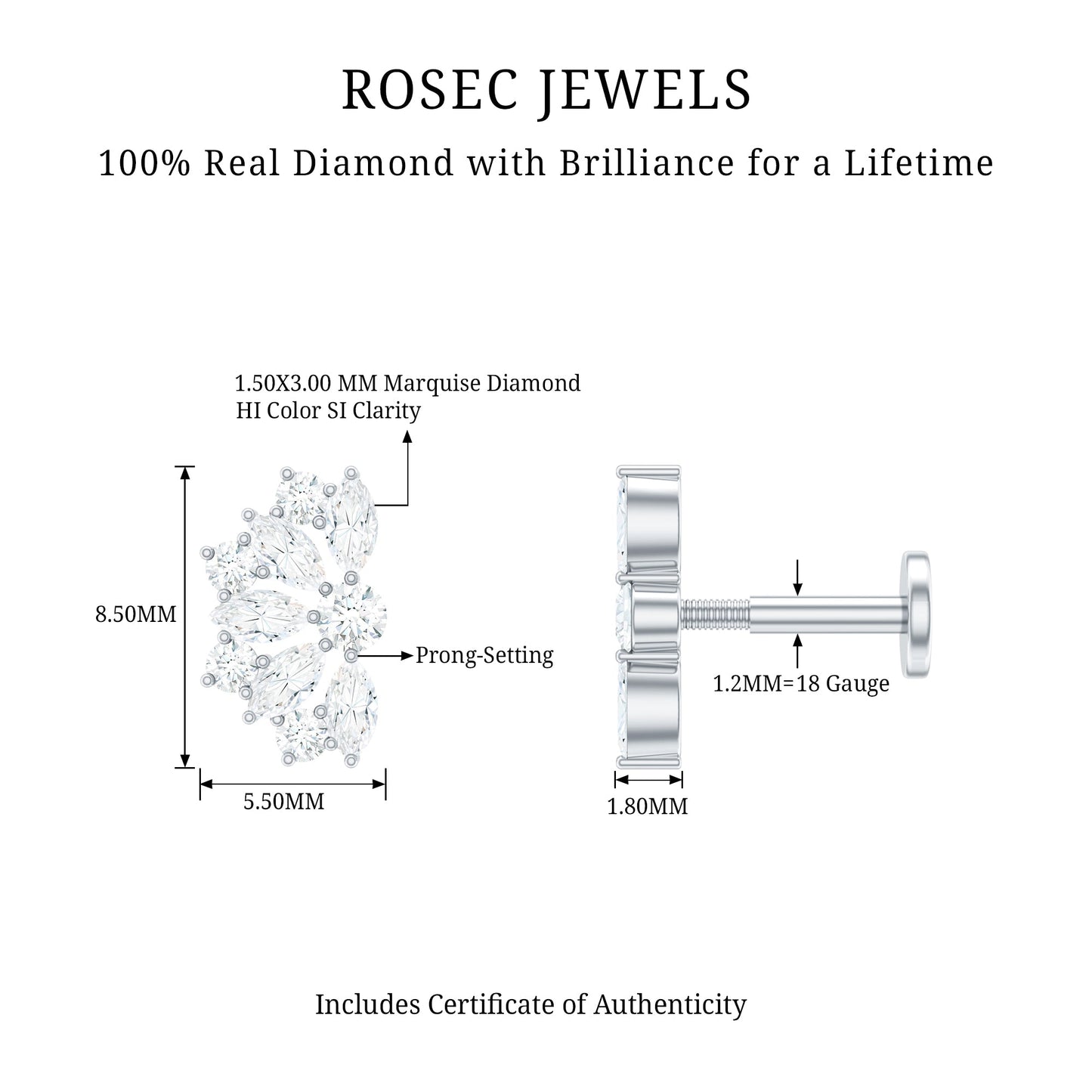 Natural Marquise and Round Diamond Floral Cartilage Earring