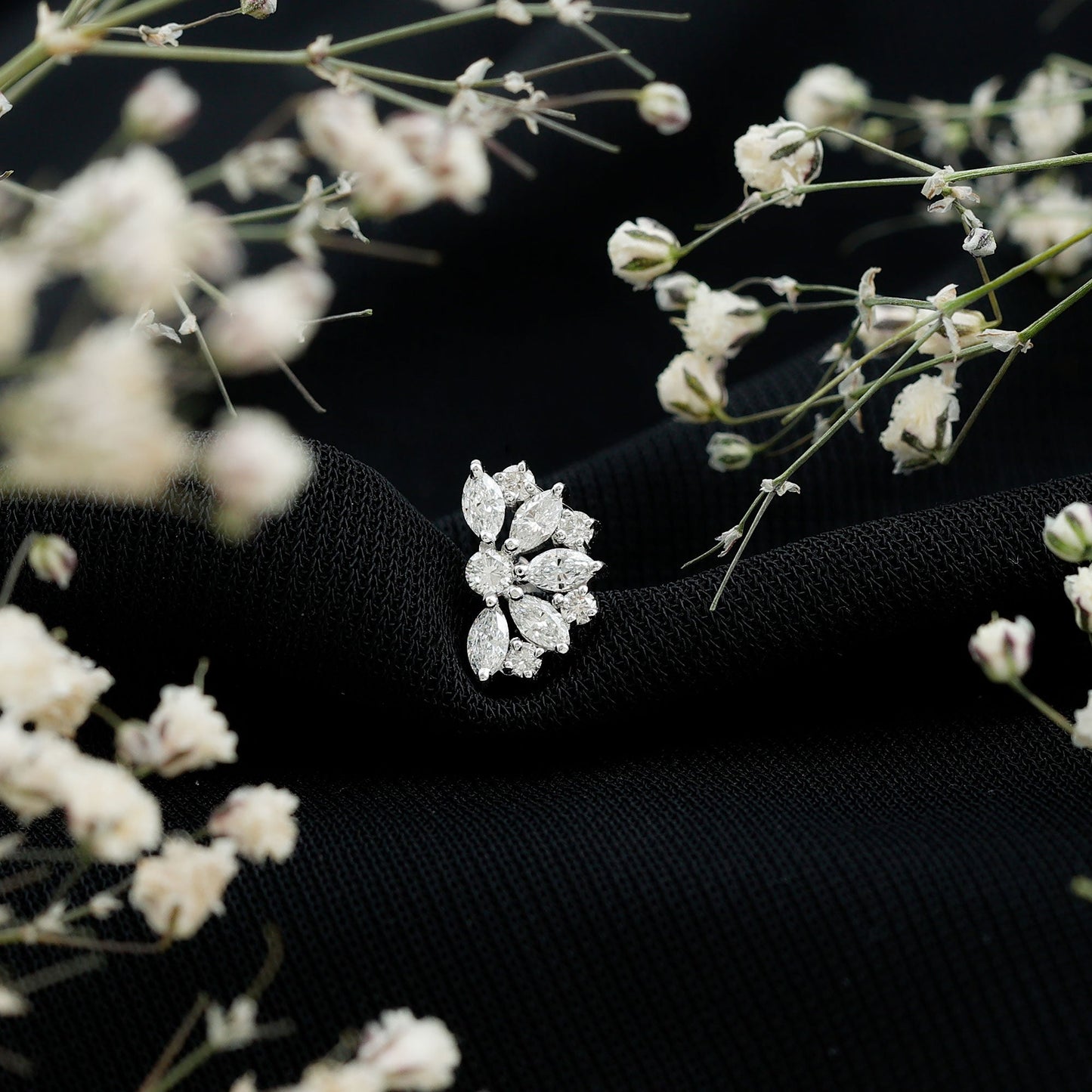 Natural Marquise and Round Diamond Floral Cartilage Earring