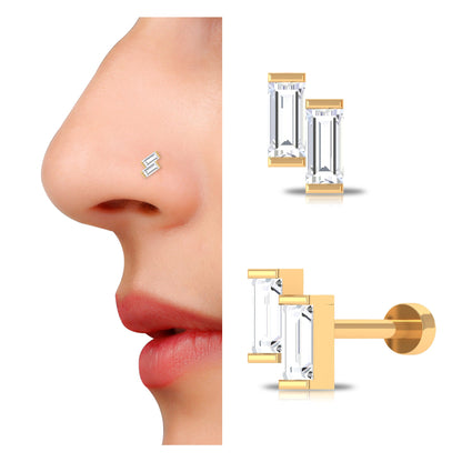 Baguette Moissanite 2 Stone Dainty Nose Stud
