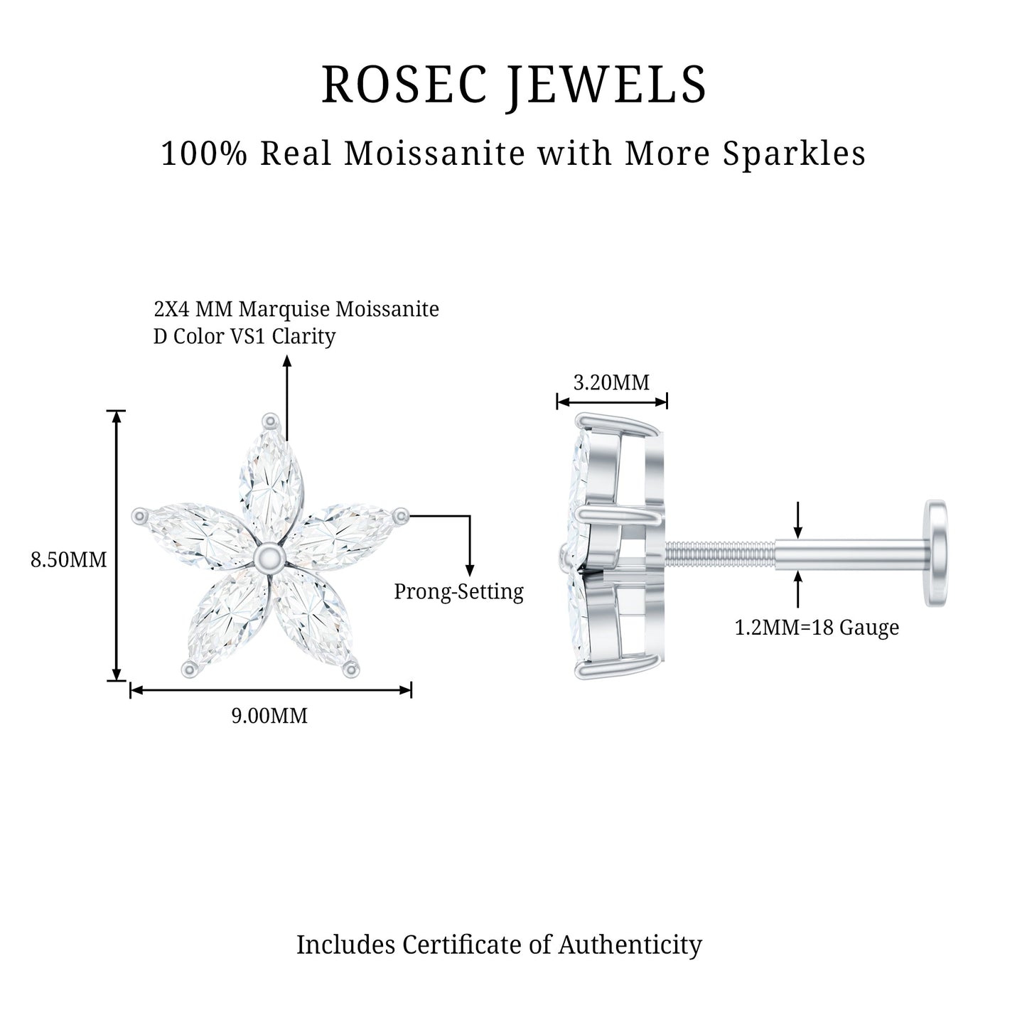 Marquise Cut Moissanite Floral Earring for Cartilage Piercing