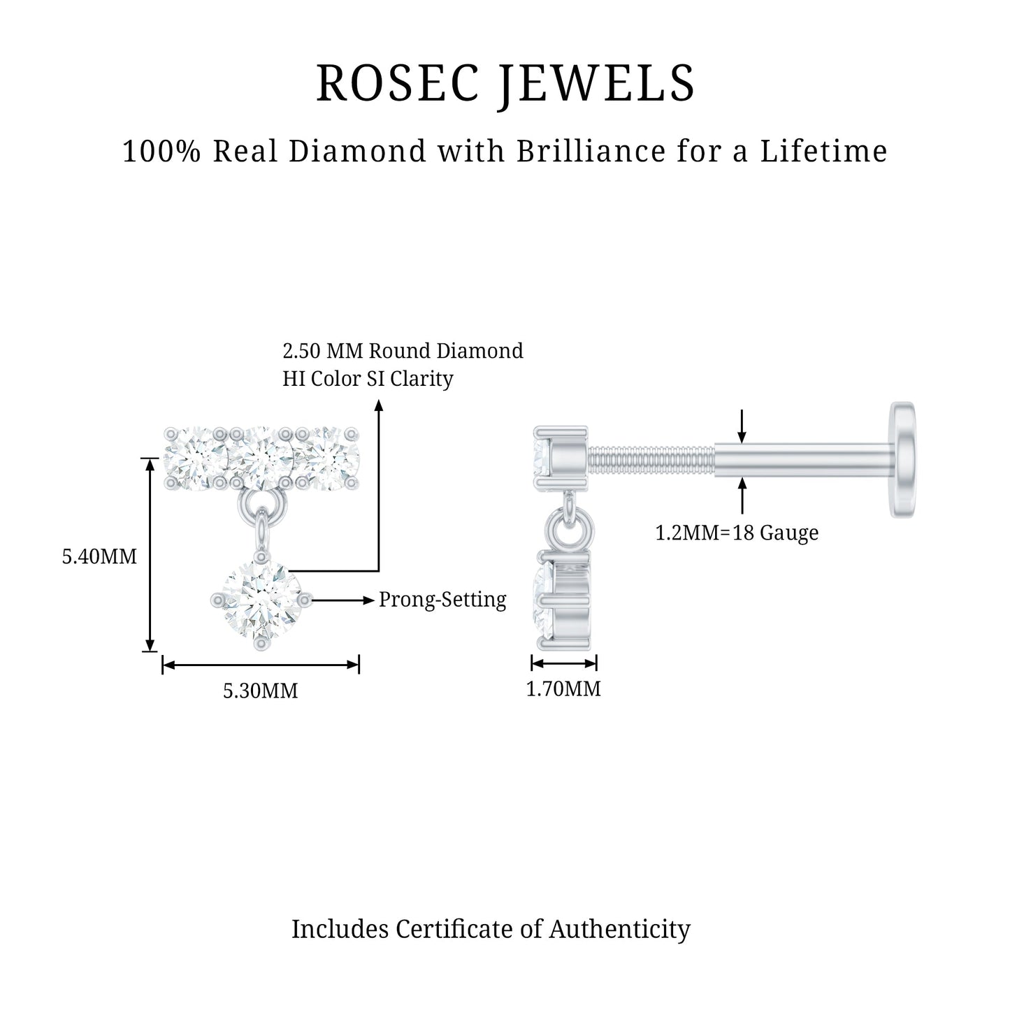 Womens Diamond Drop Earring for Helix Piercing