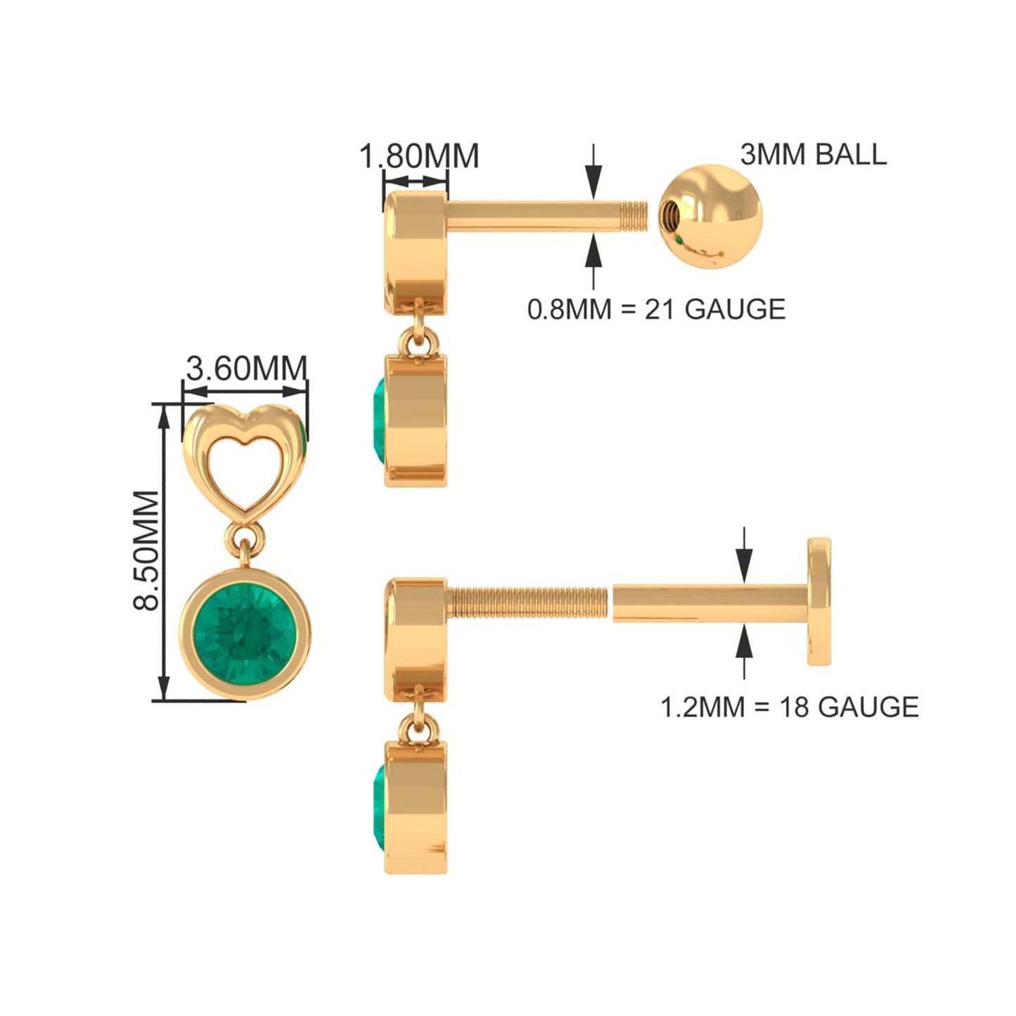 Emerald Heart Drop Earring for Tragus Piercing