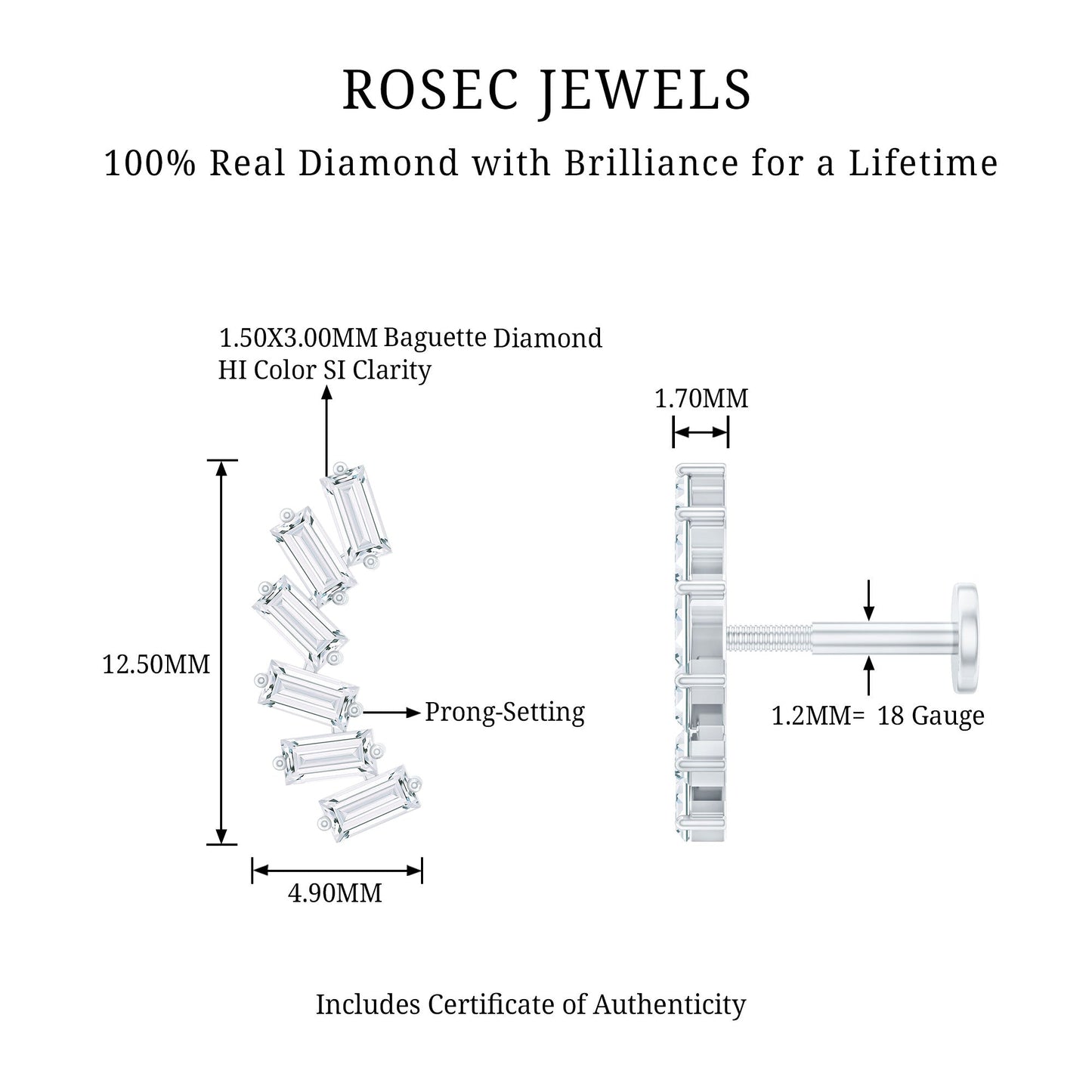 Certified Natural Baguette Diamond Crawler Earring