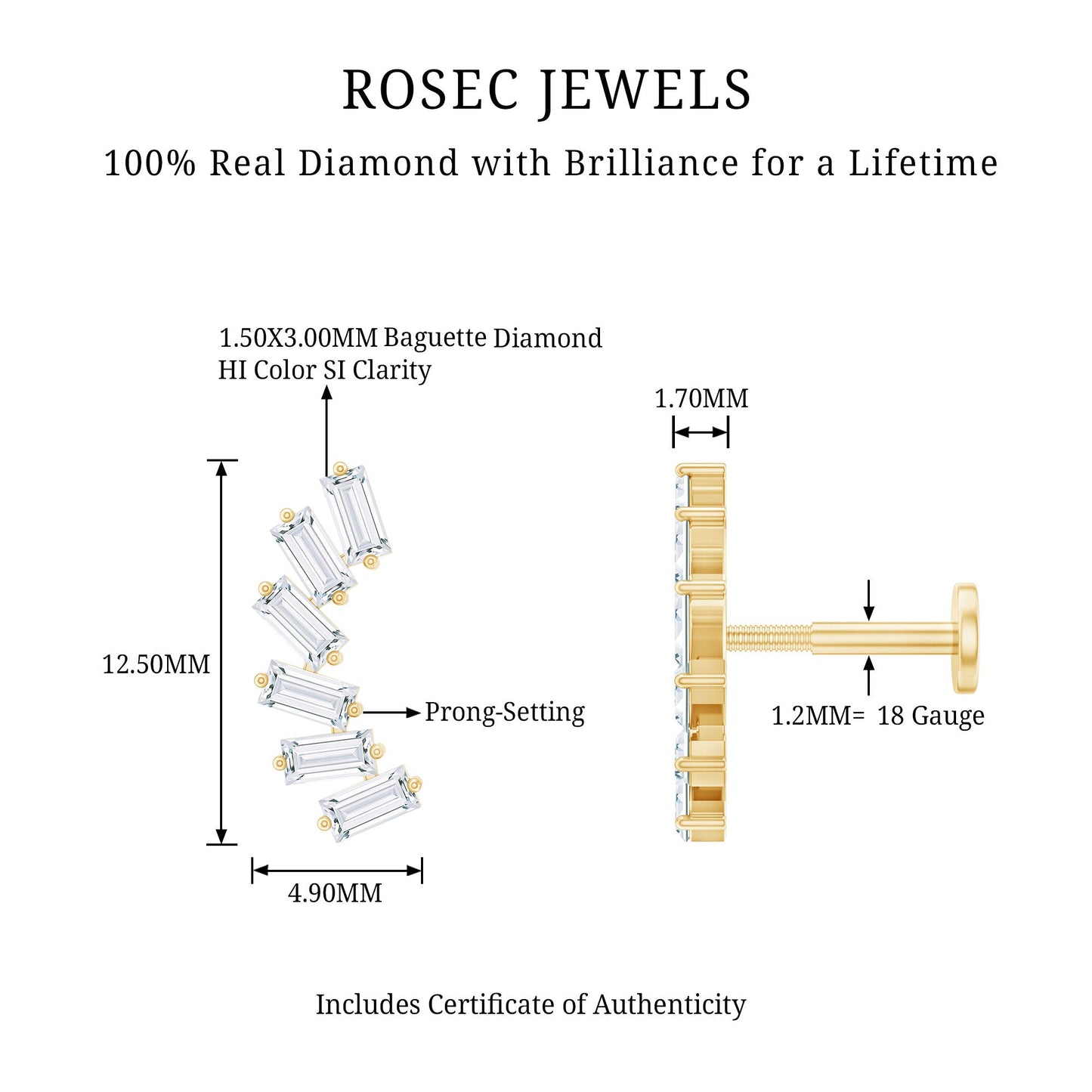 Certified Natural Baguette Diamond Crawler Earring