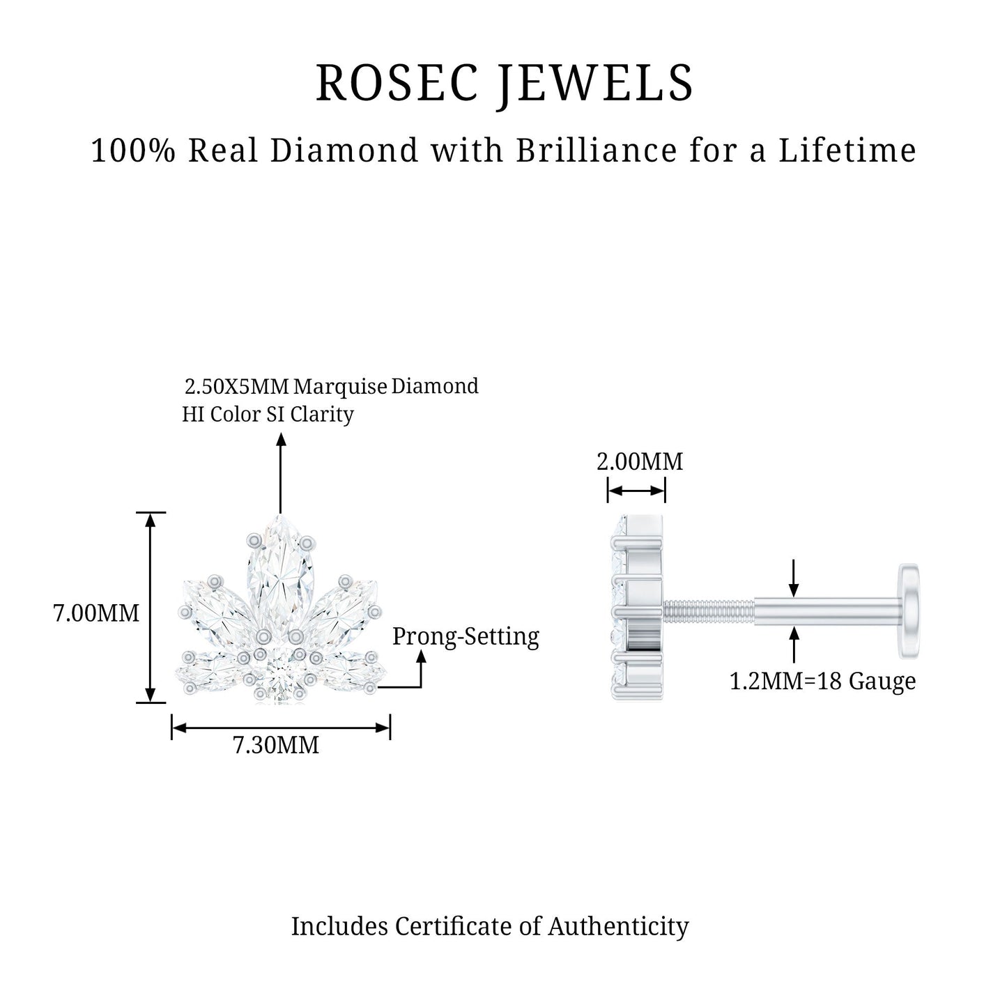 Marquise Diamond Lotus Earring for Upper Lobe Piercing