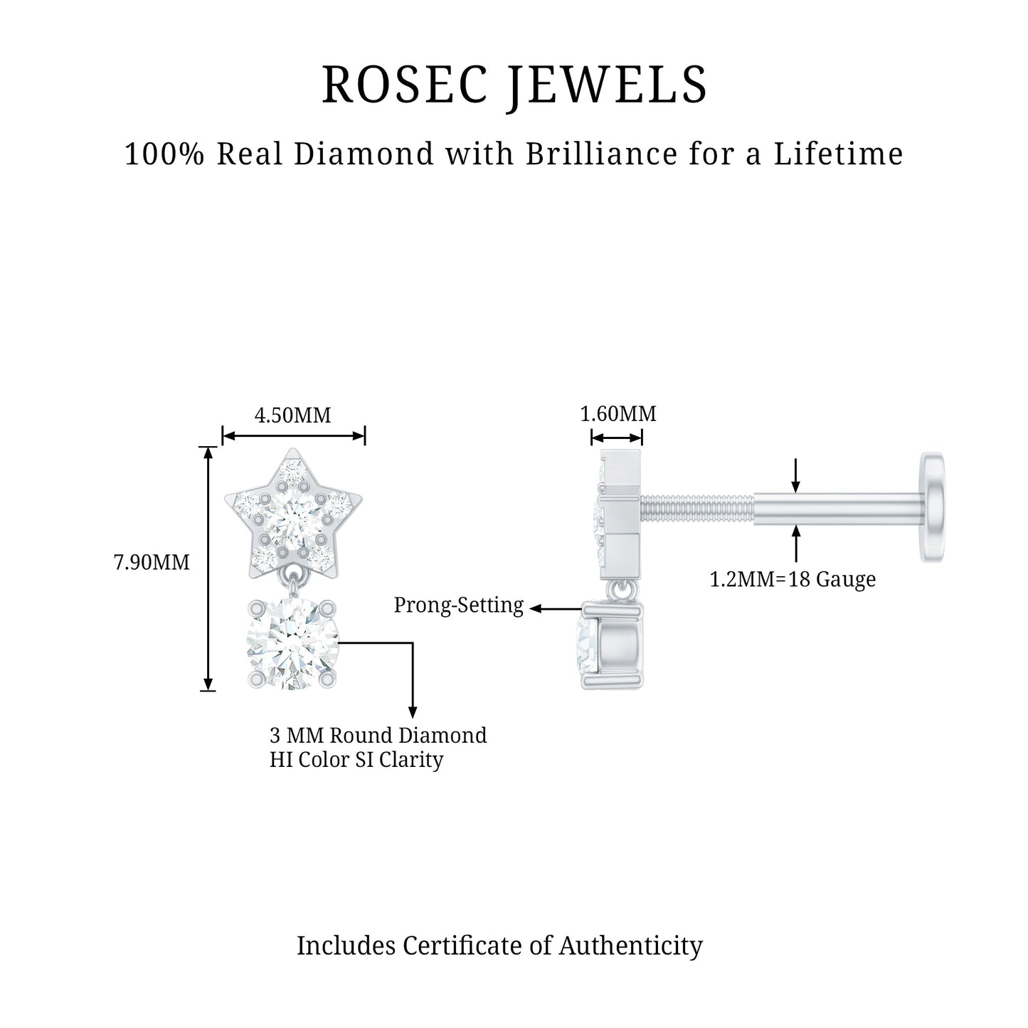 Star Diamond Drop Earring for Helix Piercing