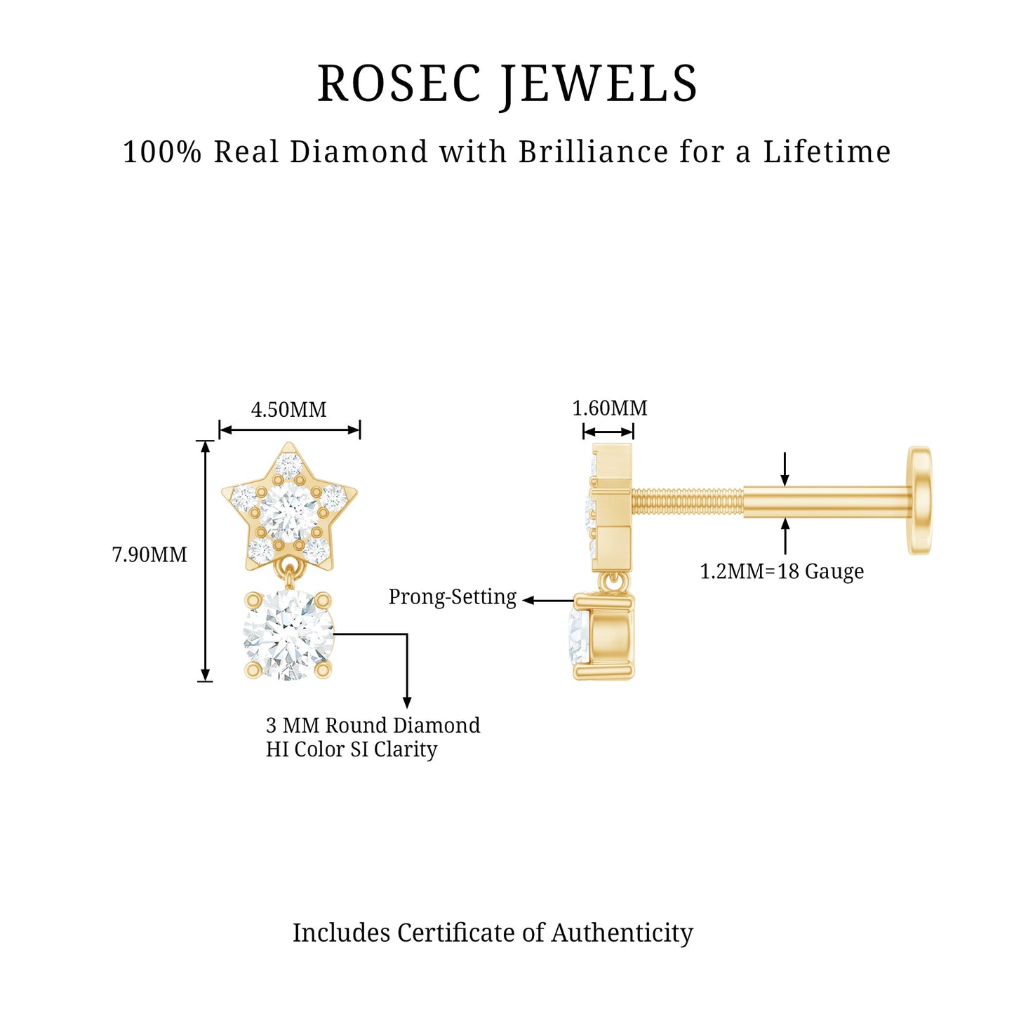 Star Diamond Drop Earring for Helix Piercing