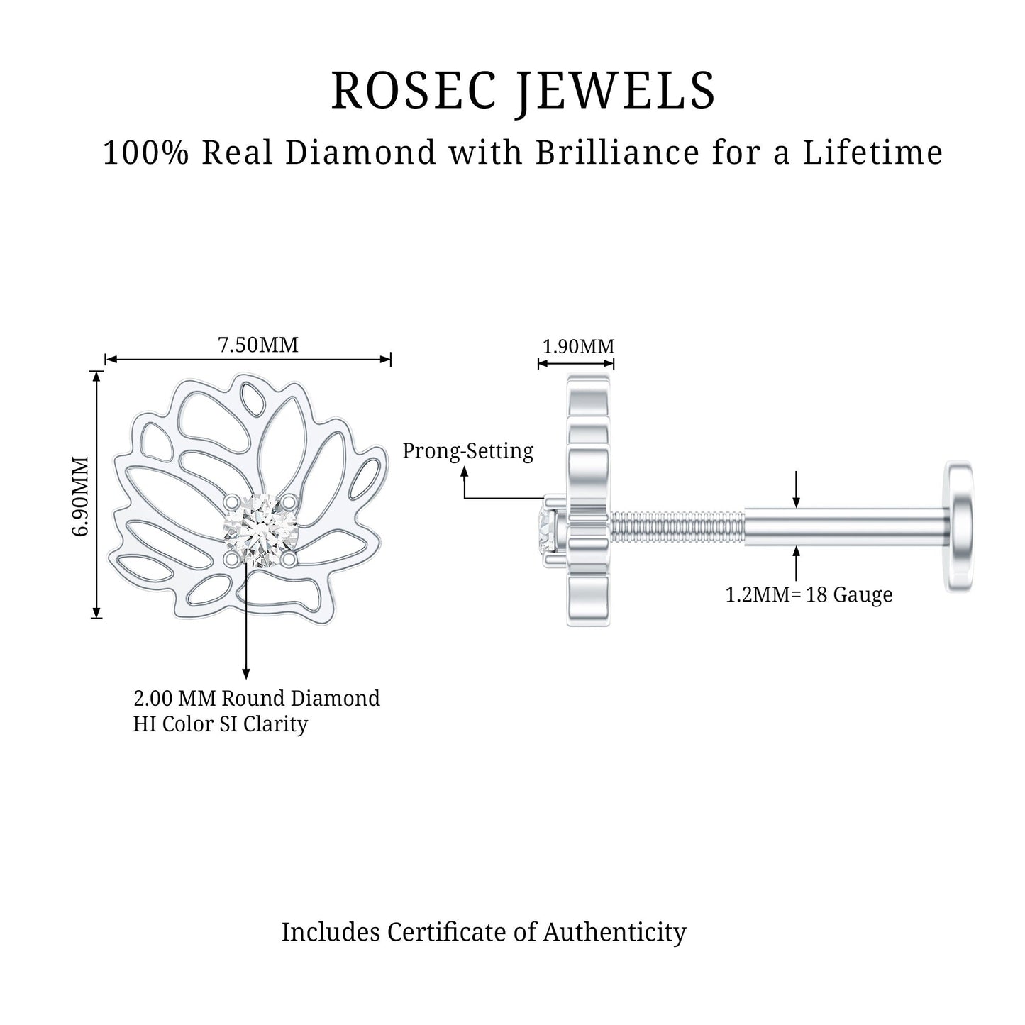 Diamond Lotus Flower Earring for Conch Piercing