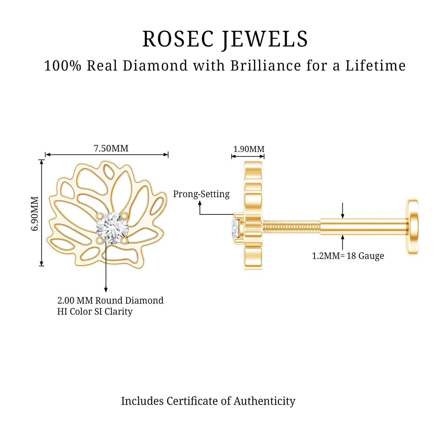 Diamond Lotus Flower Earring for Conch Piercing