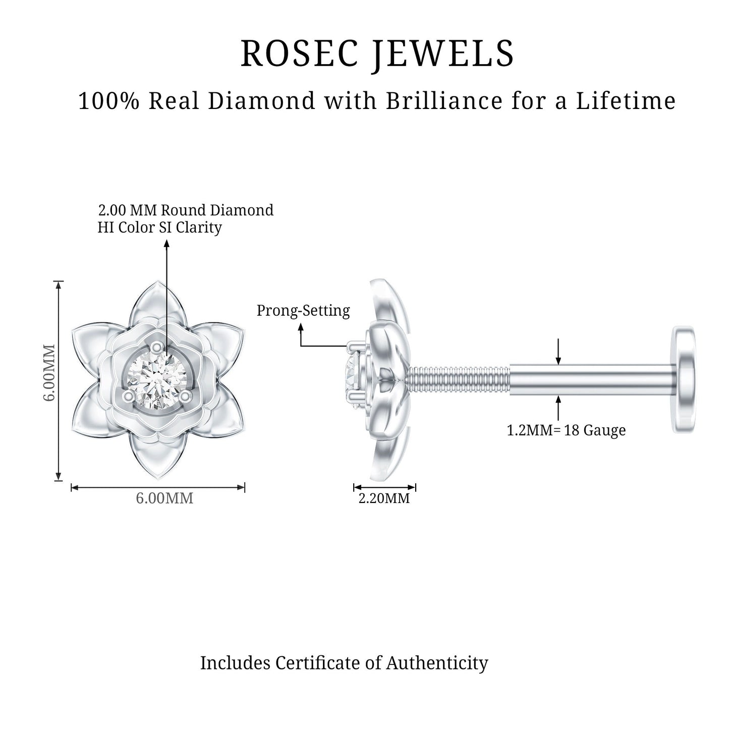 Diamond Lotus Flower Earring for Helix Piercing