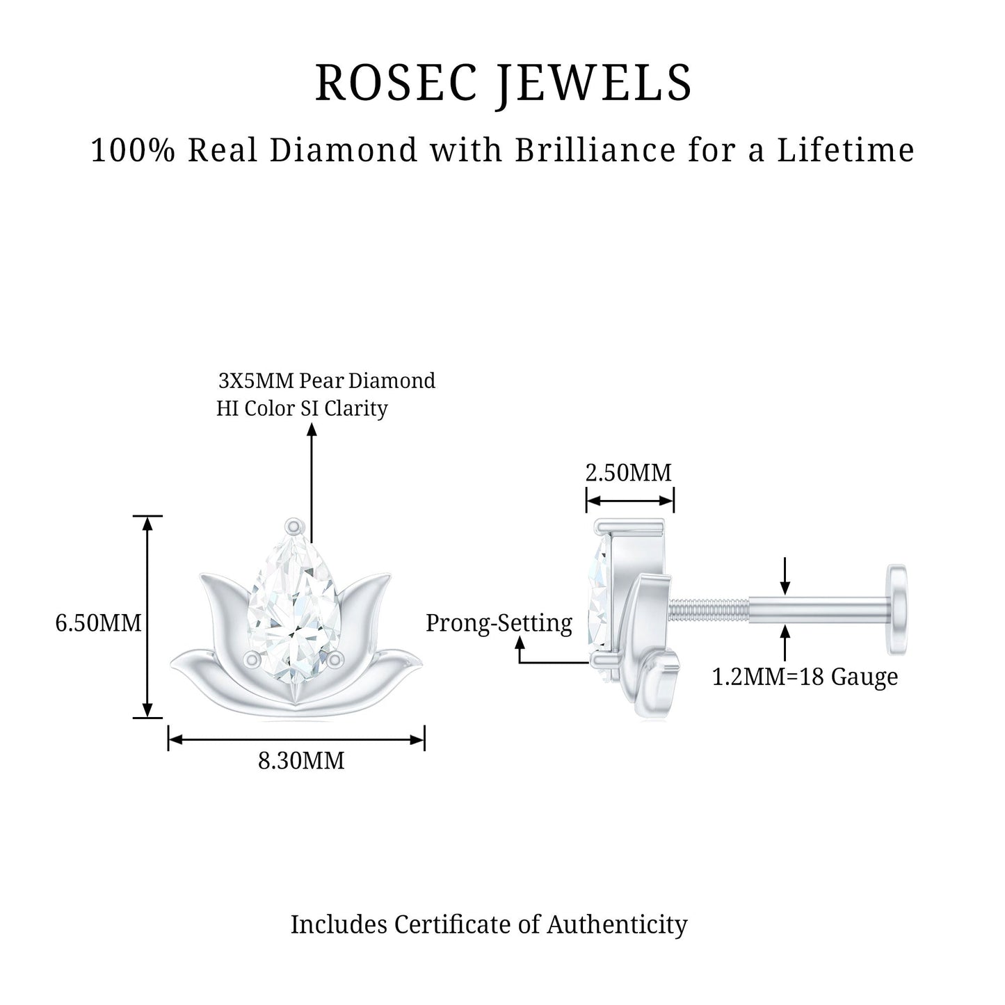 Pear Shape Diamond Lotus Cartilage Earring