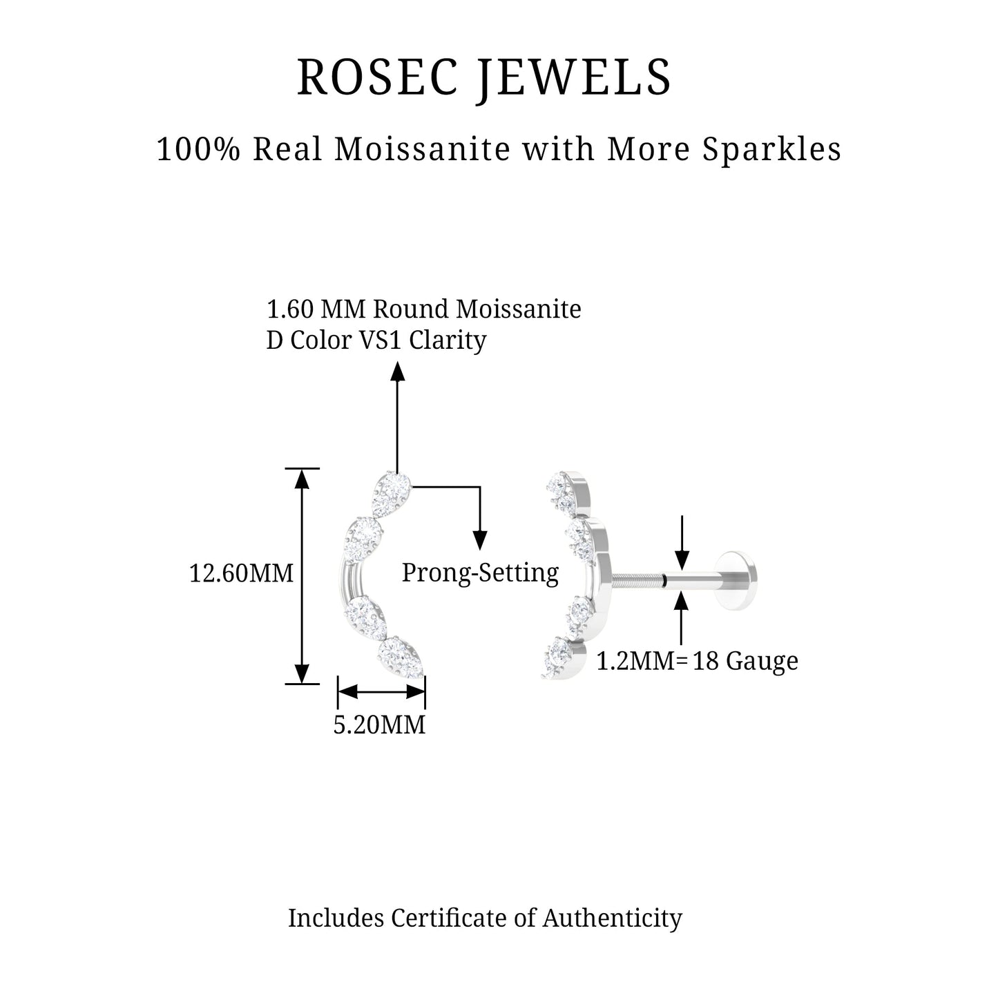 Certified Moissanite Curved Helix Earring for Her