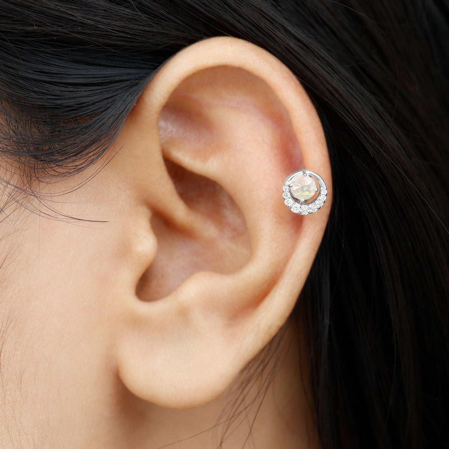 Ethiopian Opal and Diamond Circle Cartilage Earring