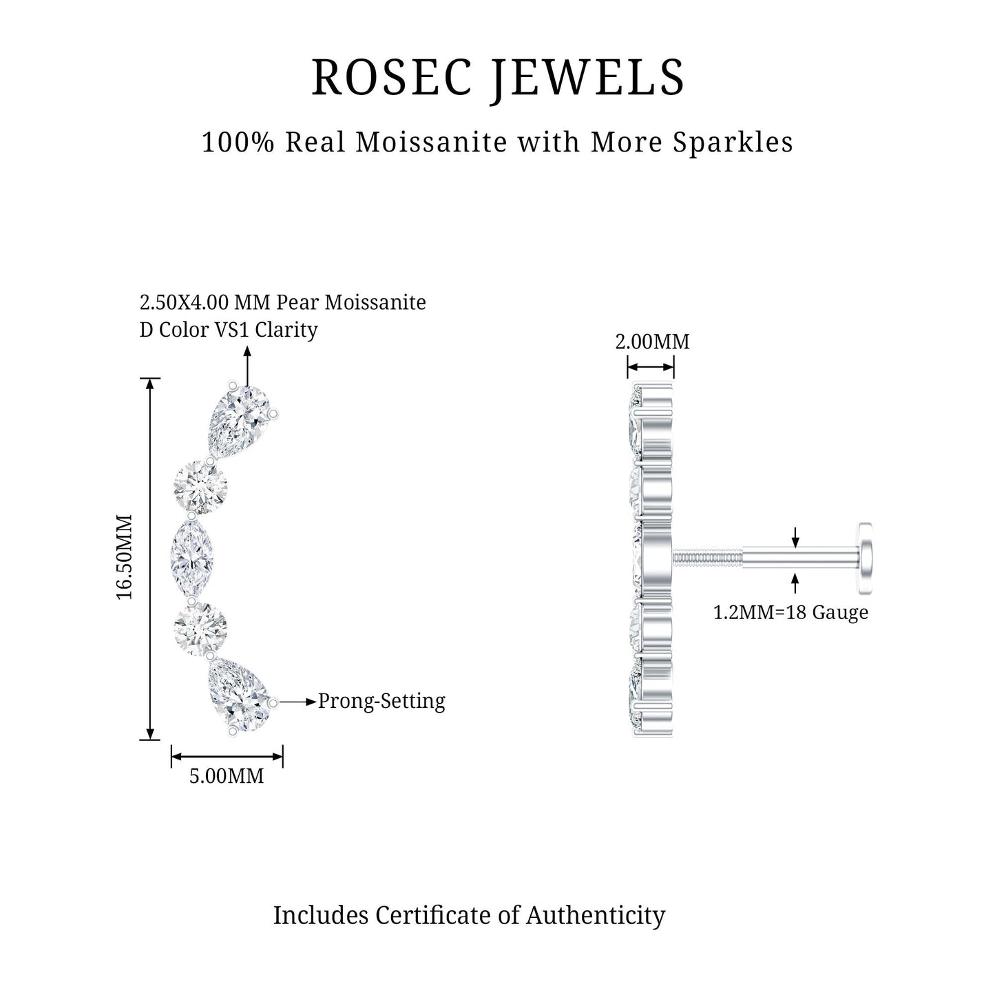 Certified Moissanite Curved Crawler Earring for Helix Piercing