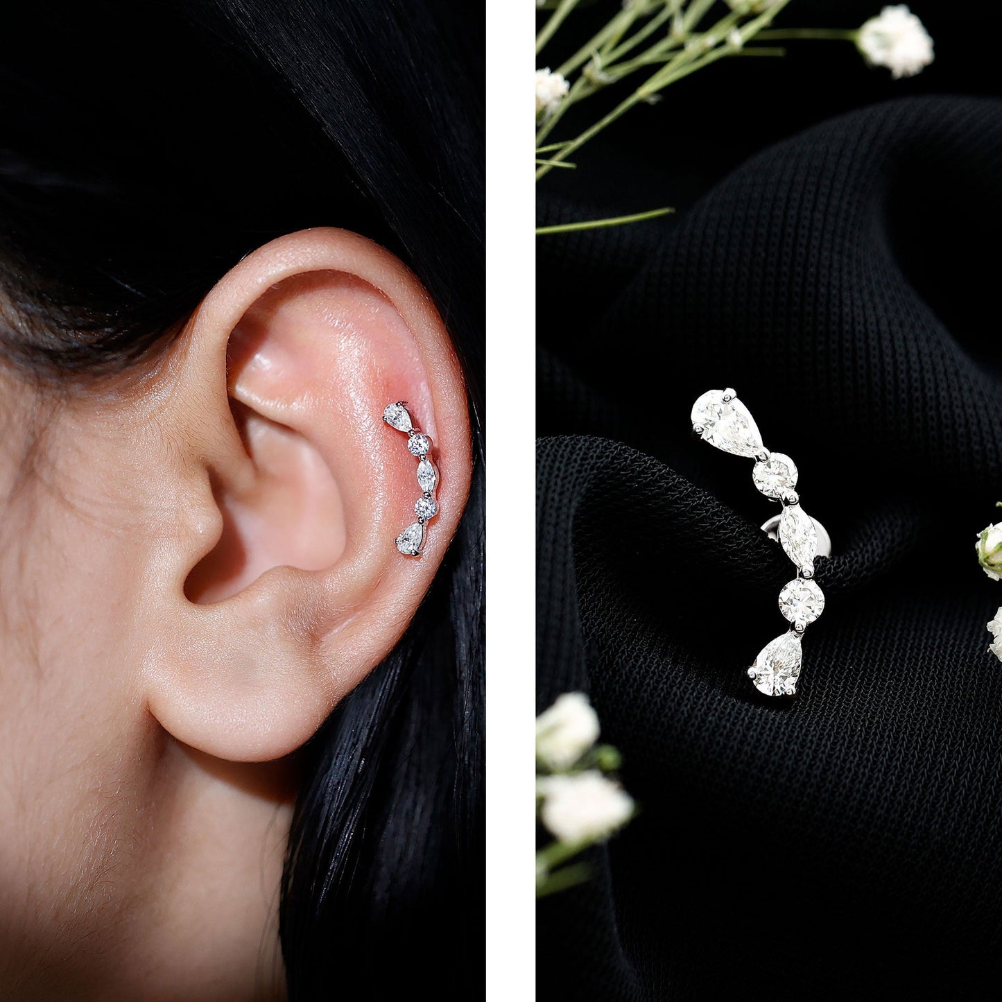 Certified Moissanite Curved Crawler Earring for Helix Piercing