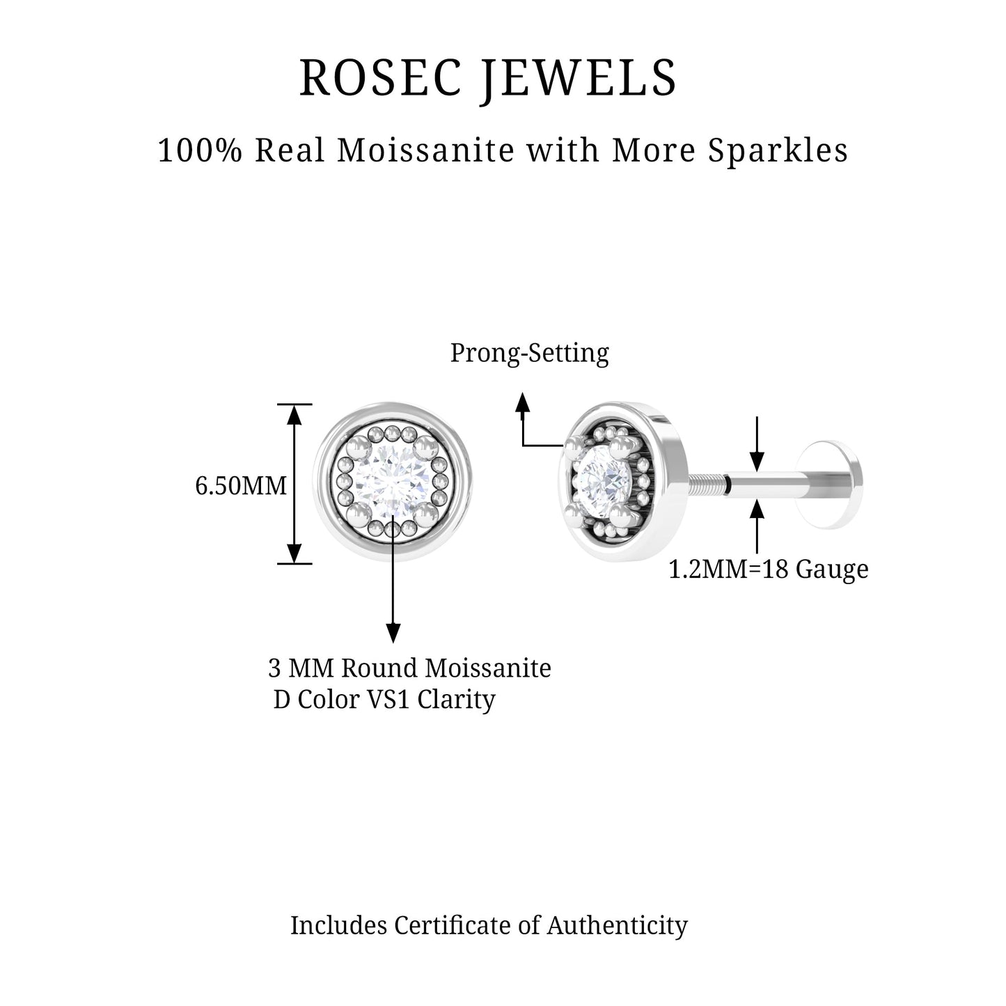 Certified Moissanite Circle Earring for Helix Piercing