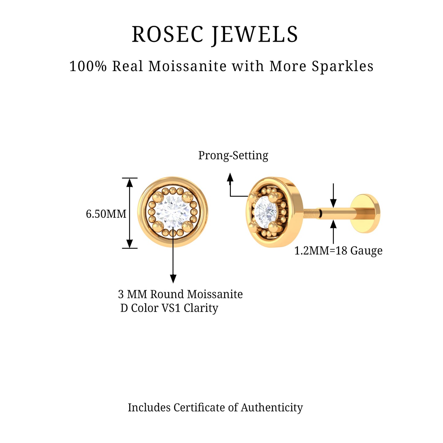 Certified Moissanite Circle Earring for Helix Piercing