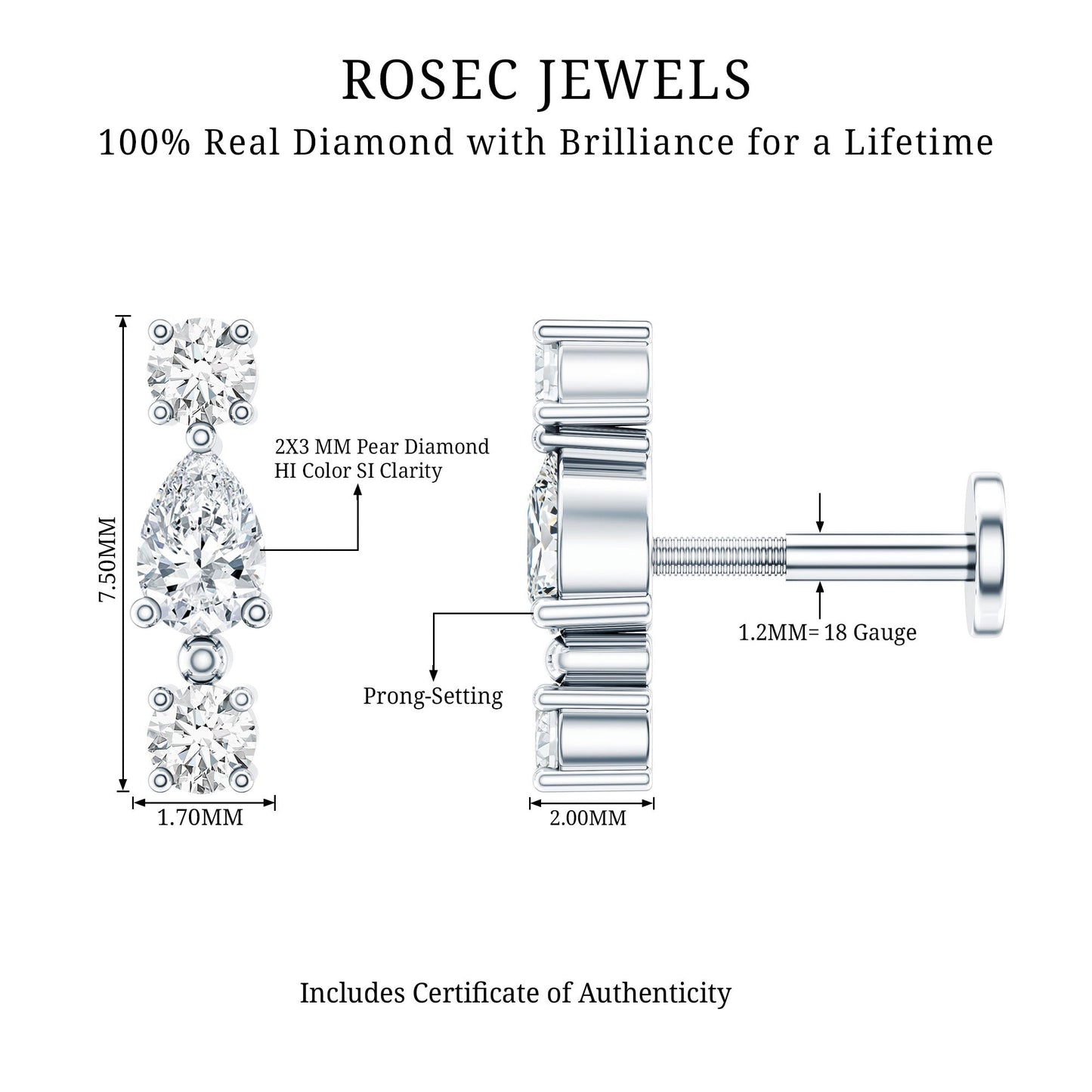 Natural Three Diamond Cartilage Earring with Flat Back
