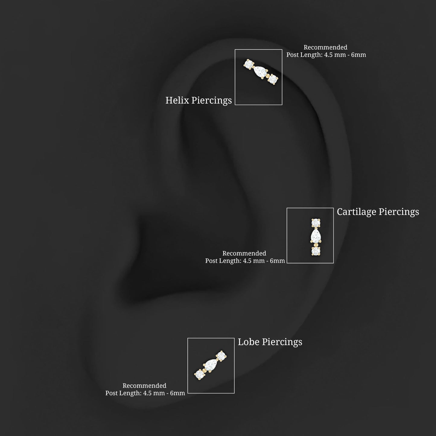 Natural Three Diamond Cartilage Earring with Flat Back