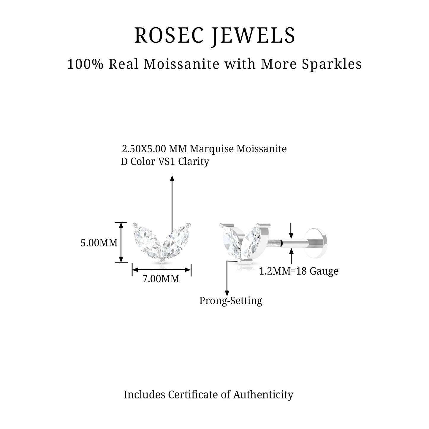 Marquise Cut Moissanite Two Stone Leaf Helix Earring