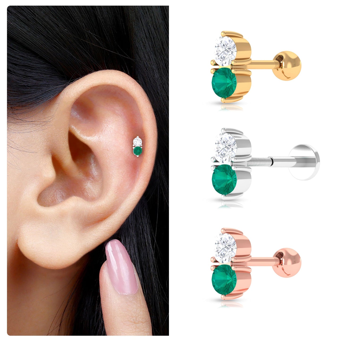 Dainty Emerald and Diamond Two Stone Tragus Earring