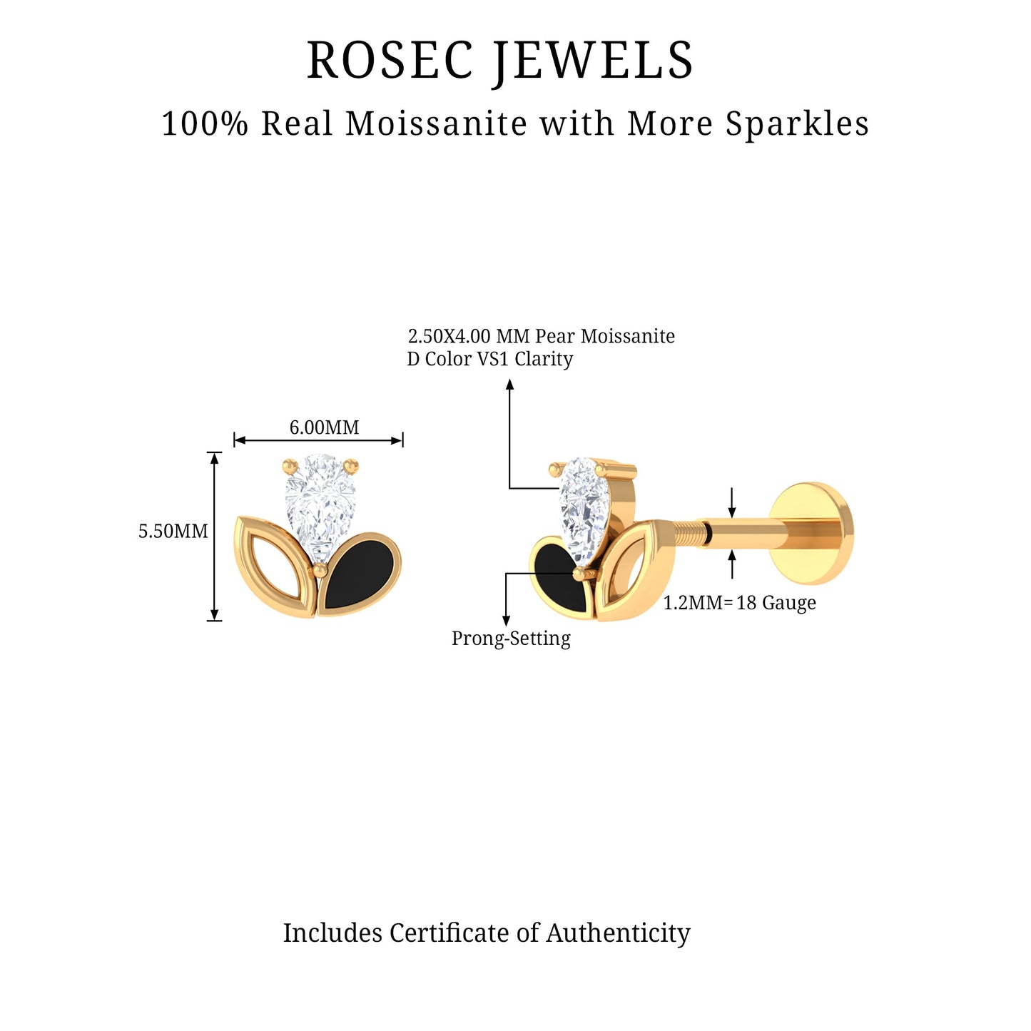Pear Cut Moissanite Cartilage Earring with Black Enamel
