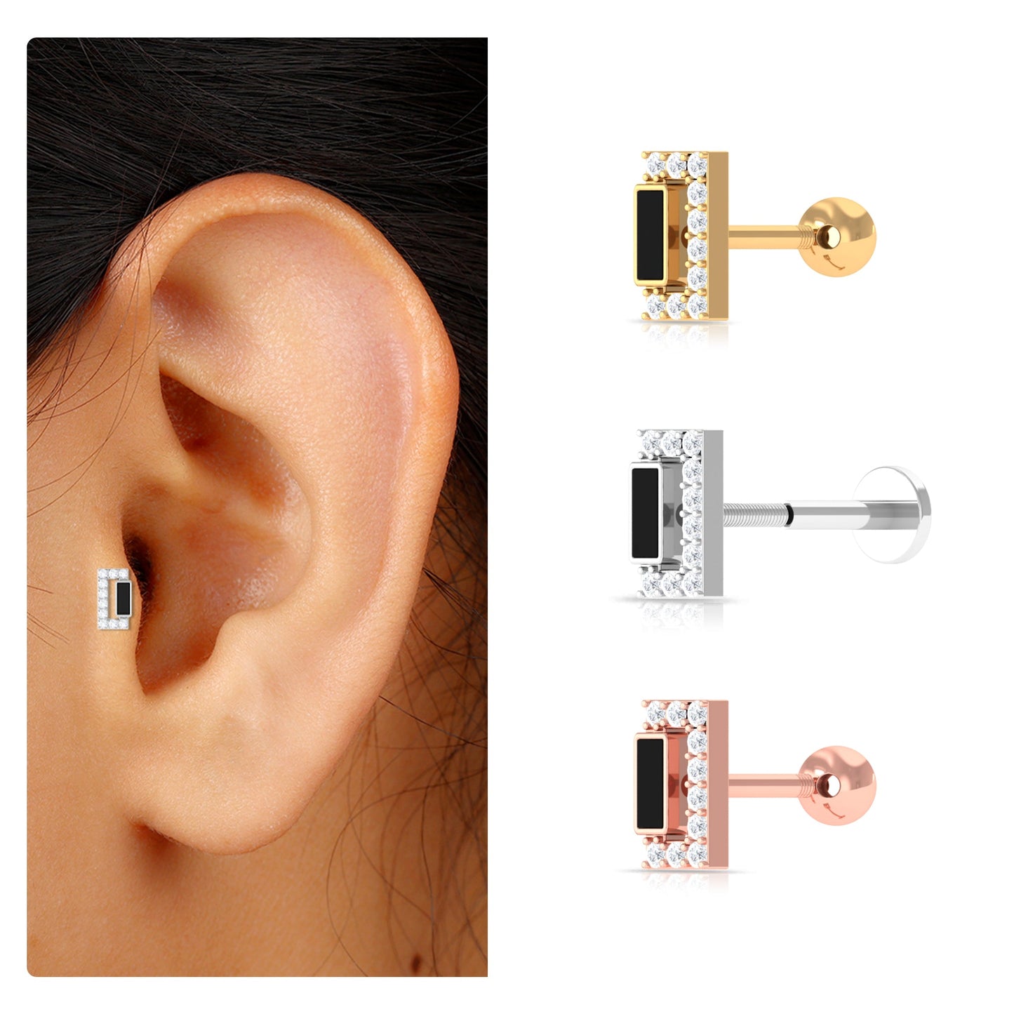 Diamond Bar Tragus Earring with Black Enamel