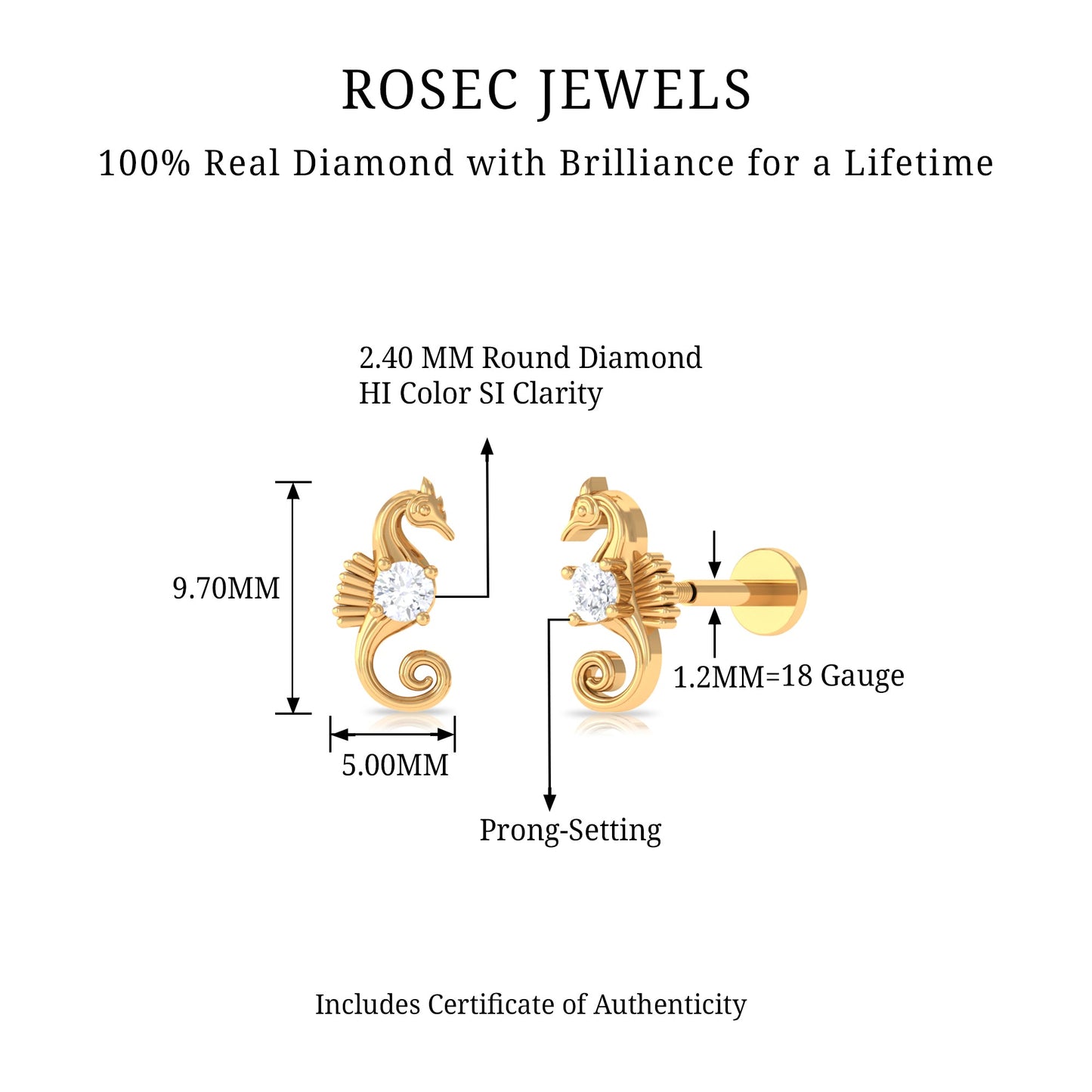 Real Diamond Cute Sea Horse Earring for Helix Piercing