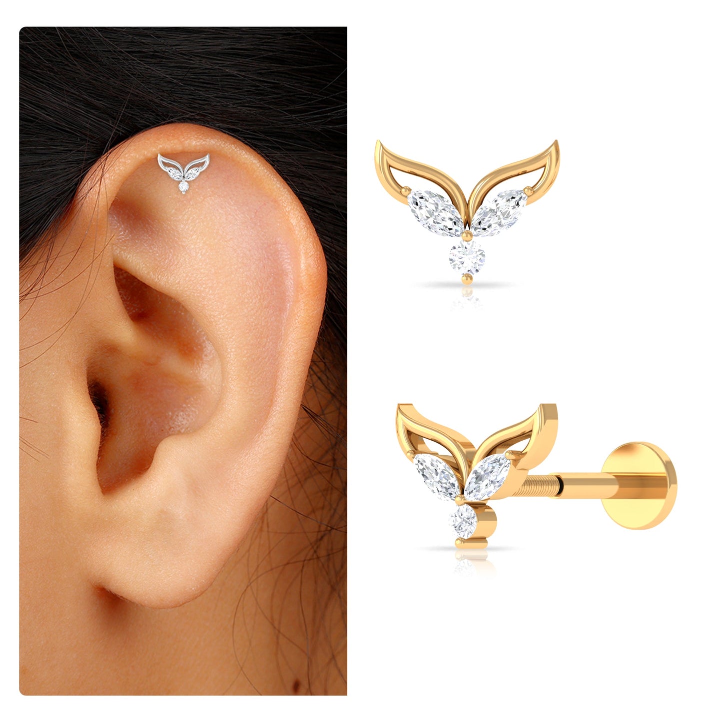 Certified Moissanite Fishtail Earring for Cartilage Piercing