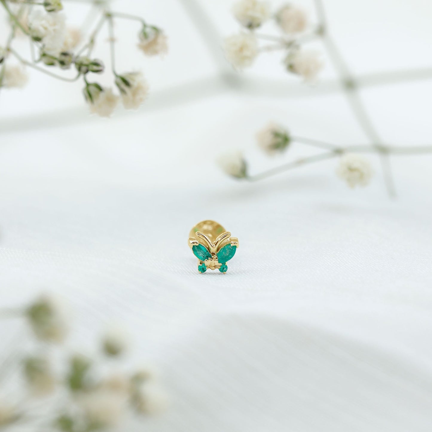 Natural Emerald Butterfly Earring for Cartilage Piercing