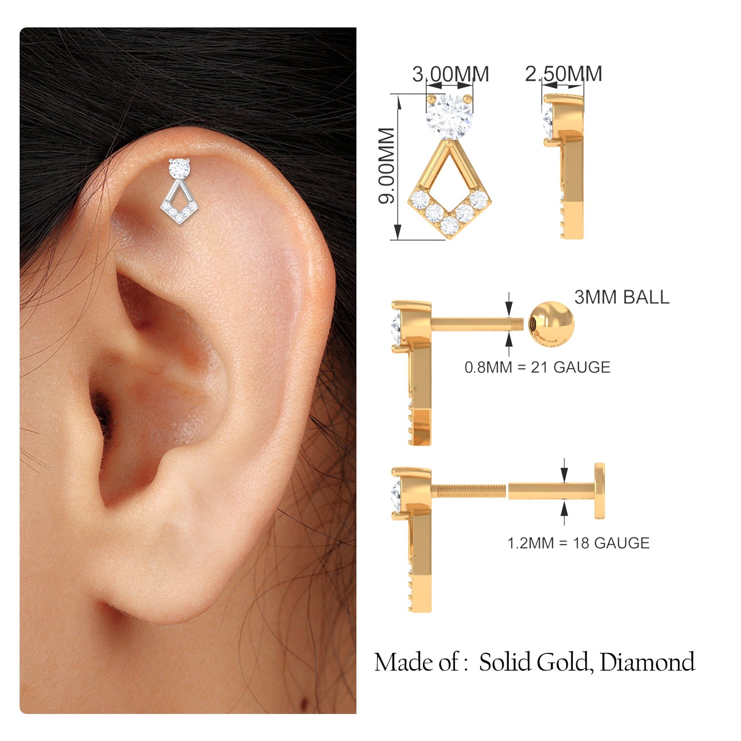 Certified Moissanite Geometric Earring for Tragus Piercing