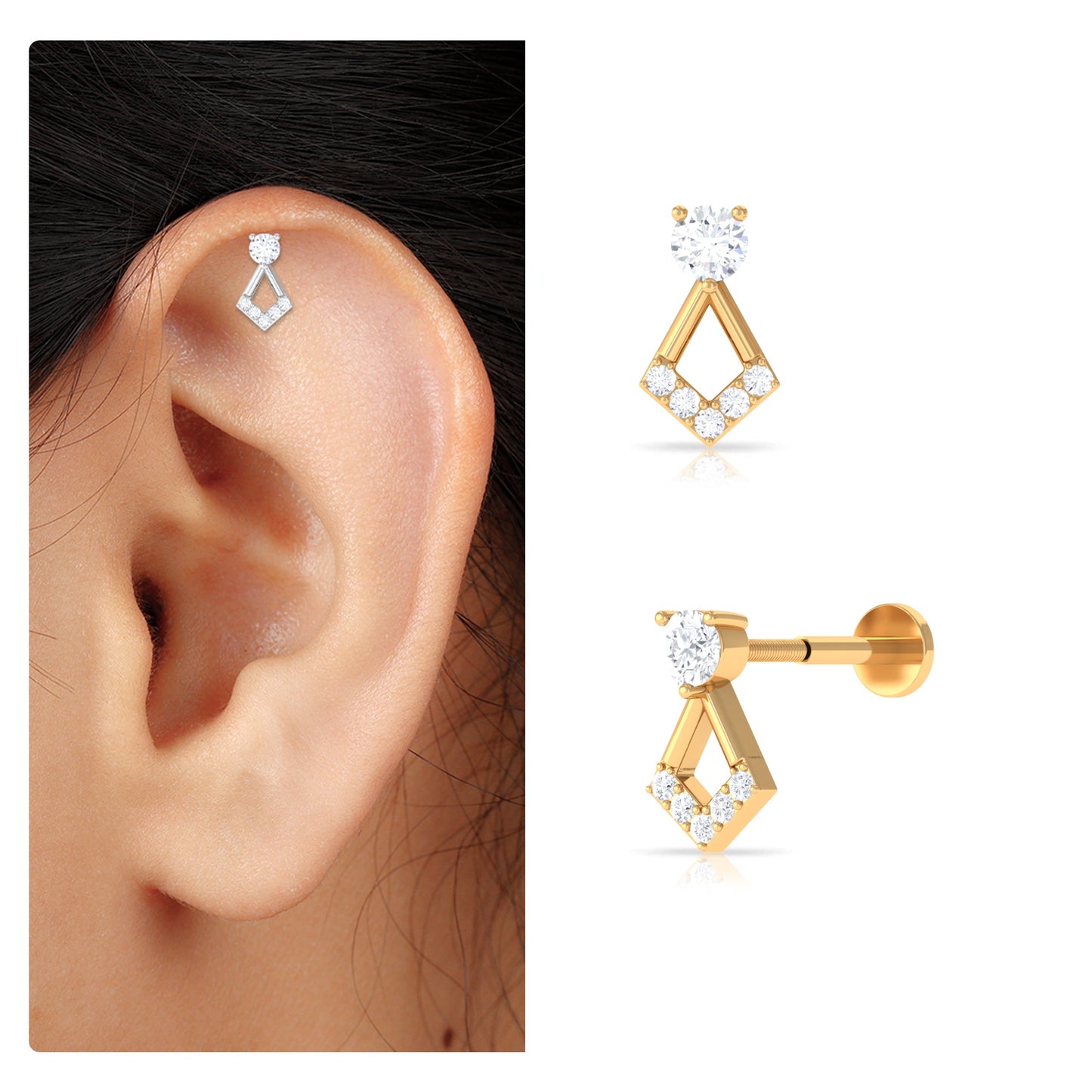 Certified Moissanite Geometric Earring for Tragus Piercing